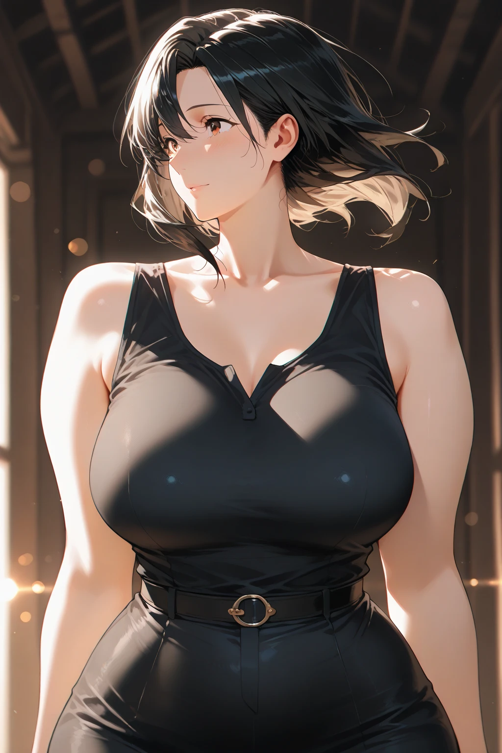 (solo), pitch black hair, messy hair, mane hair, short hair, dense hair, wild hair, expressive hair, mature,(25 year old), pale skin, ((Female)), grey eyes, beautiful girl, wearing a black shirt, emerald green jacket, white dress pants, open suit, thicc, beautiful, attractive, Giant breast, big ass, eye reflection, depth of field, thunder aura, cinematic lighting, ray tracing, depth of field, cinematic lighting, ray tracing, UHD, high details, best quality, highres, high quality, award winning, super detail, masterpiece, 8k, UHD, high details, best quality, highres, high quality, award winning, super detail, masterpiece, 8k, digital art, anime coloring, body shot, good face, perfect face, detailed face, good eyes. The background is a mall