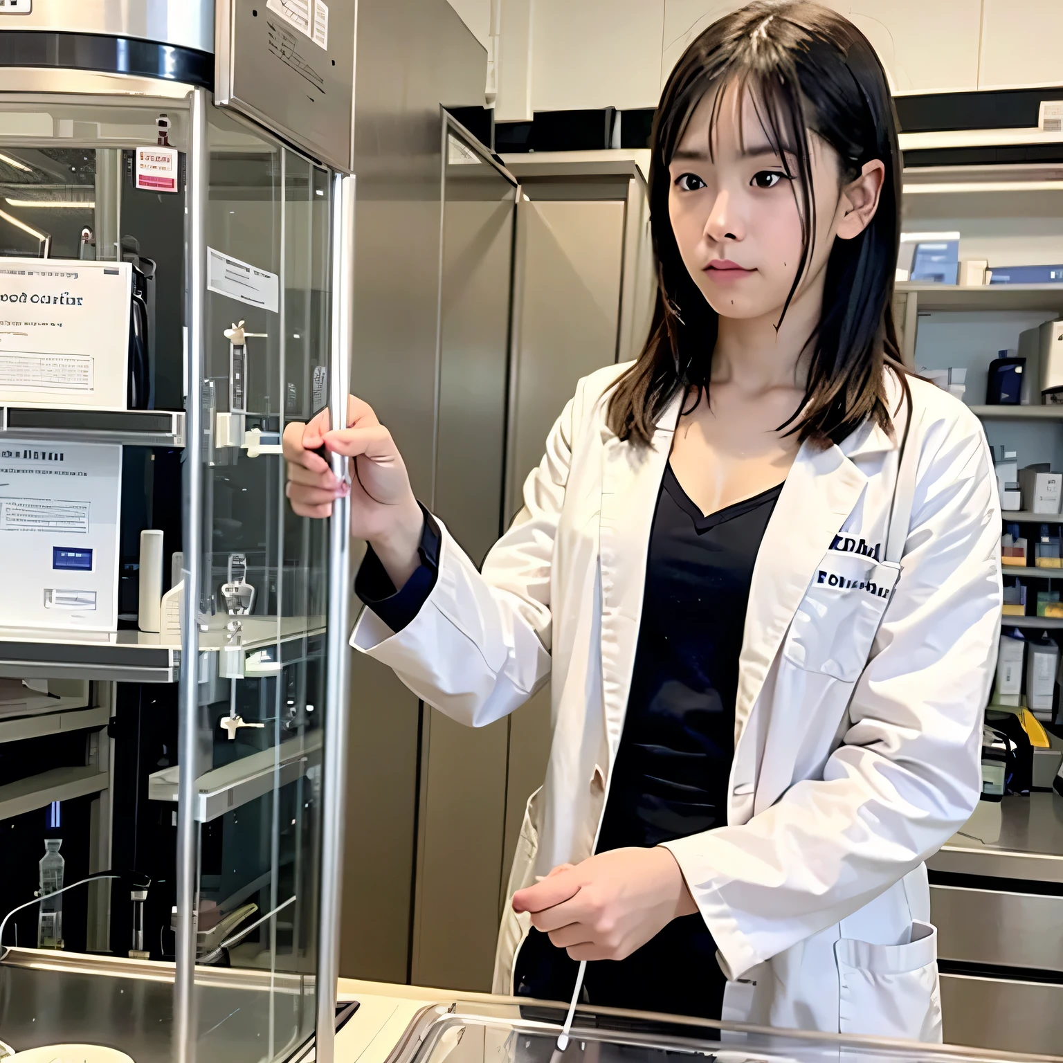 Depict a 20-year-old, stunningly beautiful woman conducting an experiment in a well-equipped science lab. She wears a pristine white lab coat over professional attire, her expression focused as she carefully handles scientific instruments. Whether her hair is long and neatly tied back or short and styled, she maintains a meticulous appearance suited for the lab environment. The background features shelves filled with scientific equipment, adding to the immersive atmosphere of the setting. long hair, dark hair, dark eyes.