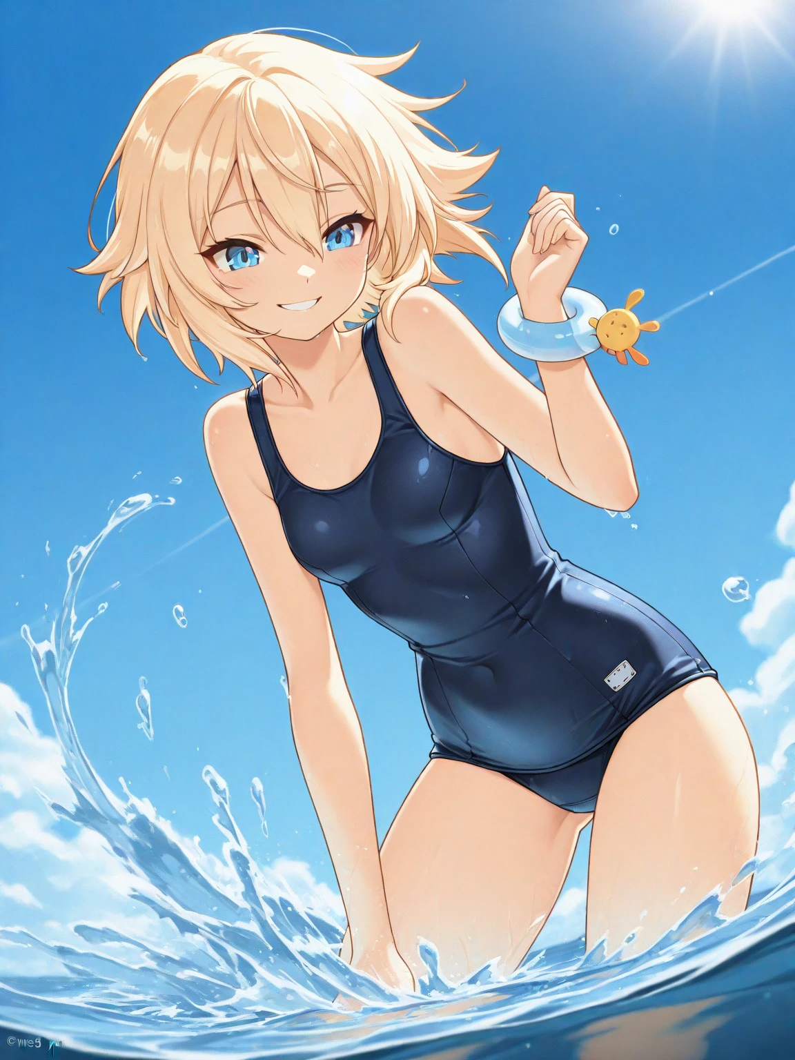 highest quality、Realistic、zoom、Chestnut Hair、Light blue eyes、Very Short Hair、One piece swimsuit、Tanned black body、Tan、Brown Skin、slender、boyish、Sweat、smile、Ocean、