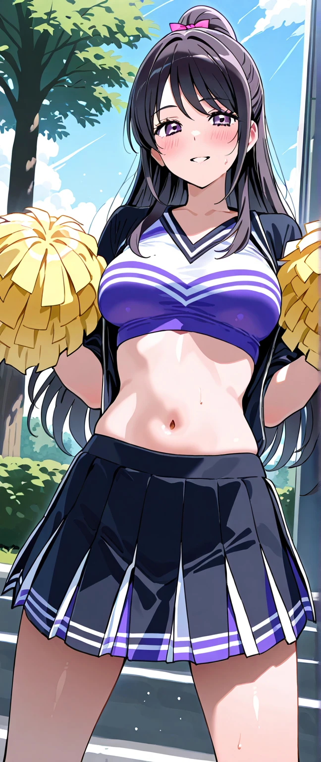 (masterpiece)、(Best image quality)、(Very detailed)、(Very detailed)、4K、(8K)、Best image quality、(beautiful), 1 Girl,,Huge breasts、Thick thighs,smile、Noise Reduction、Emphasis on the crotch、Breast Augmentation,(Black Pantyhose:1.2),(Cheerleader:1.2),The chest is exposed ,Leg spread,pubic hair,Crouching,(Footjob:1.4),Sweating,skirt,(Bukkake on the feet:1.2)
