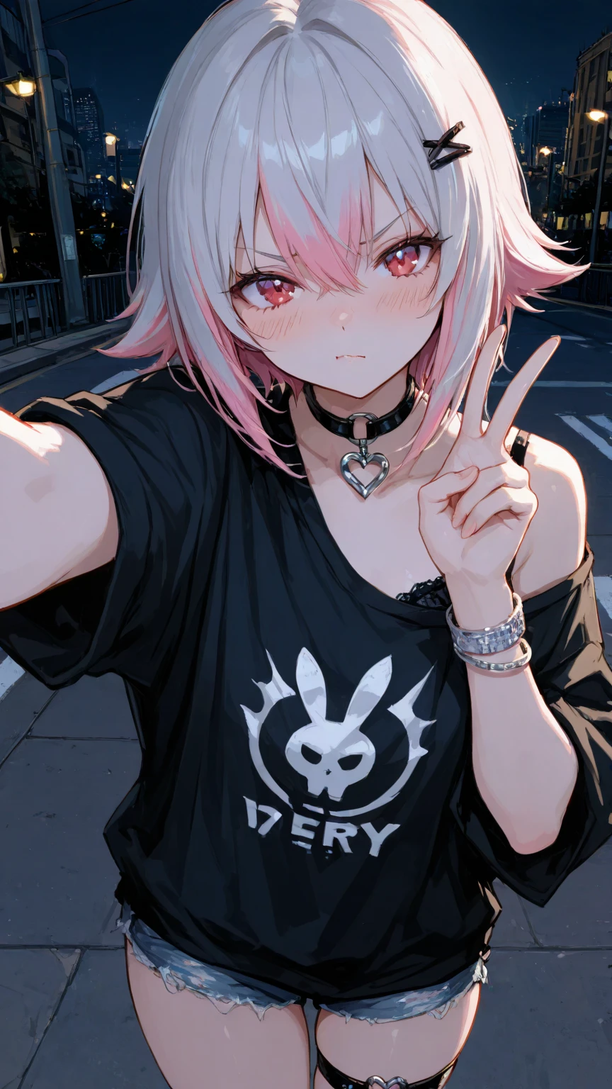 masterpiece, best quality, 1girl, an adult woman, (punk outfit), (pink topwear), cinematic light, (character focus), (green eyes), orange hair, freckles, short hair, caustics, ((white hair on front)), head tilt, fisheye, <lora:MidFing:1>, (smirk), (lip piercing), (nose piercing), spiked collar, neck tattoo, pink_background, collarbone, selfie, arm tattoo, narrow waist, medium breasts