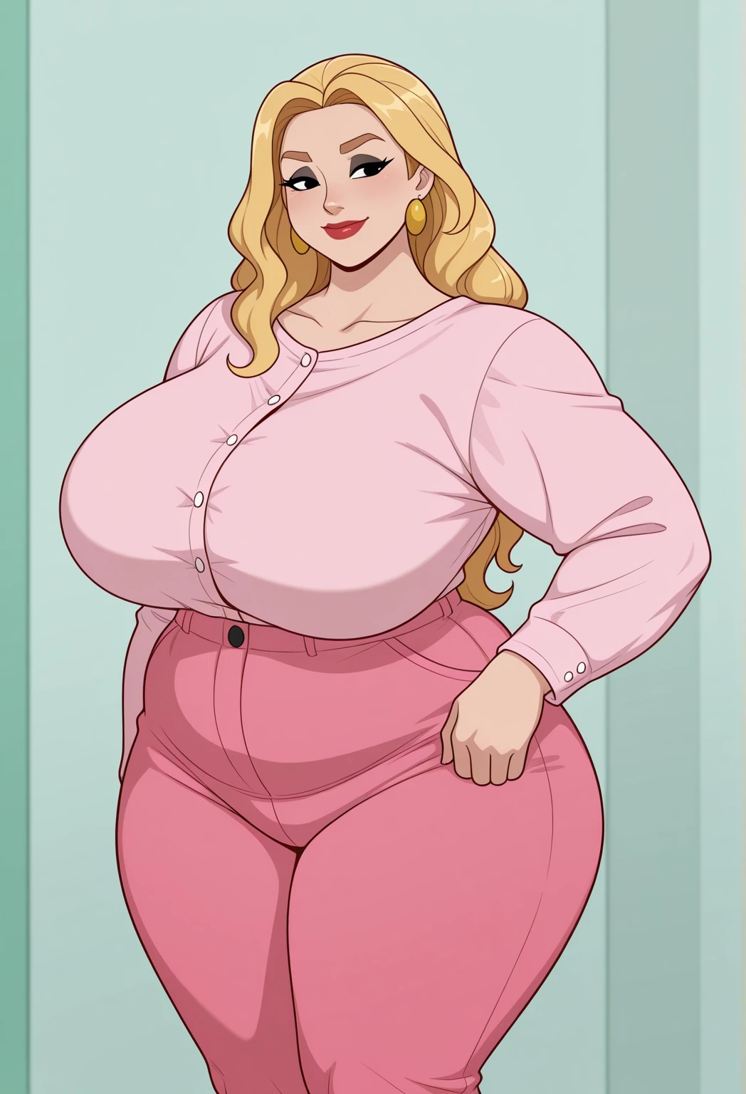 1girl, milf, neneneji, plump, (blonde hair, long hair, blue eyes, glowing eyes, huge breasts, wide hips, thick thighs, standing, one hand on hip, smirk, full body shot, simple background,