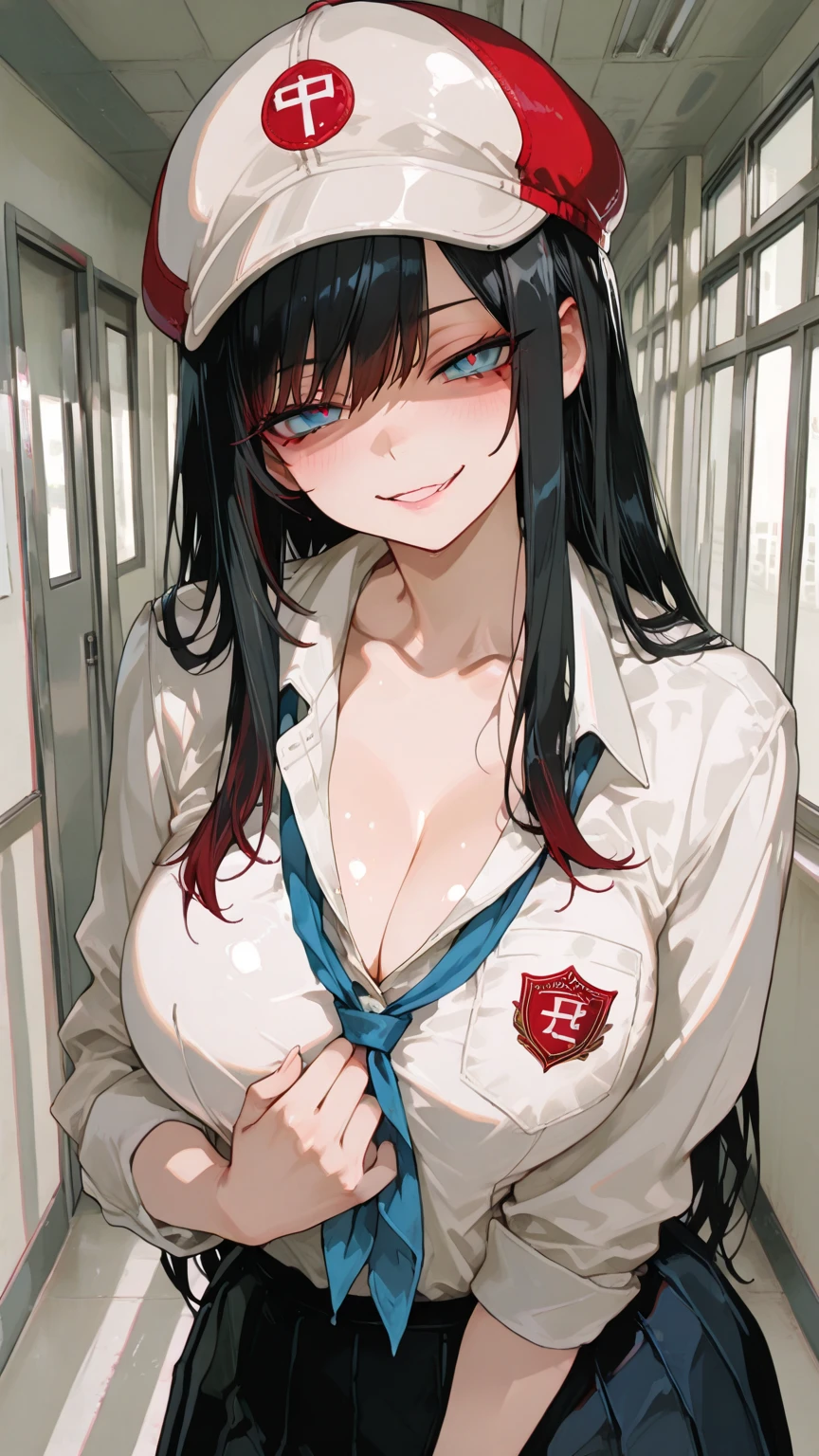 Anime Kawaii sexy Perfect Slim sensual body large breast and huge thighs, An intricate and highly detailed illustration of anime (Young girl). 1 girl, zombie, black hair, ponytail, red eyes, wearing glasses, nurse hat, medium bust, sweating, thigh-high black boots, standing, (best quality,4k,8k,highres,masterpiece:1.2),ultra-detailed, anime:1.37),horror,dark fantasy,dynamic pose,dramatic lighting,cinematic,moody atmosphere