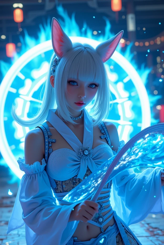 (Next to the anime girl with white-skinned fox ears before the full moon is a huge nine-tailed white fox:1.5), fantasia raposa amor, Raposa de cabelos brancos, anime raposa branca, anime fantasy illustration,(Fundo escuro da floresta,blue transparent smoke around:1.8), Arte de Silverfox,melhor qualidade, master part, ultrahigh-resolution, (fotografia realista:1.4), realismo ultrarrealista, Semelhante a um sonho,FusionArt, Shadow dancer, magia das sombras, darkeness, furtividade, passo da sombra, Umbral spells,