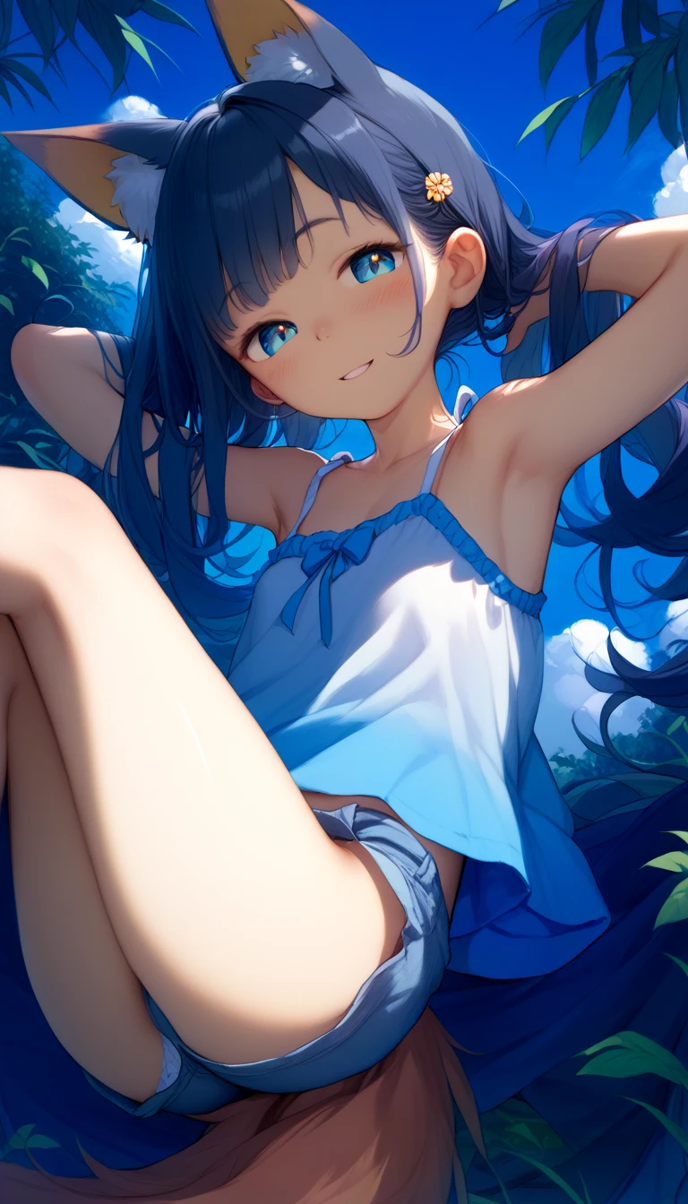 Highest quality、masterpiece、beautiful、detailed、Year: 12、Black hair twin-tailed female elementary school student、beach、Pouring sunlight、Dynamic pose、Spraying water with a water gun、Angle from below、smile、Slim figure、(Wet and see-through clothing:1.2)、covered erectile nipples、camisole、Striped underwear、(cameltoe:0.8)