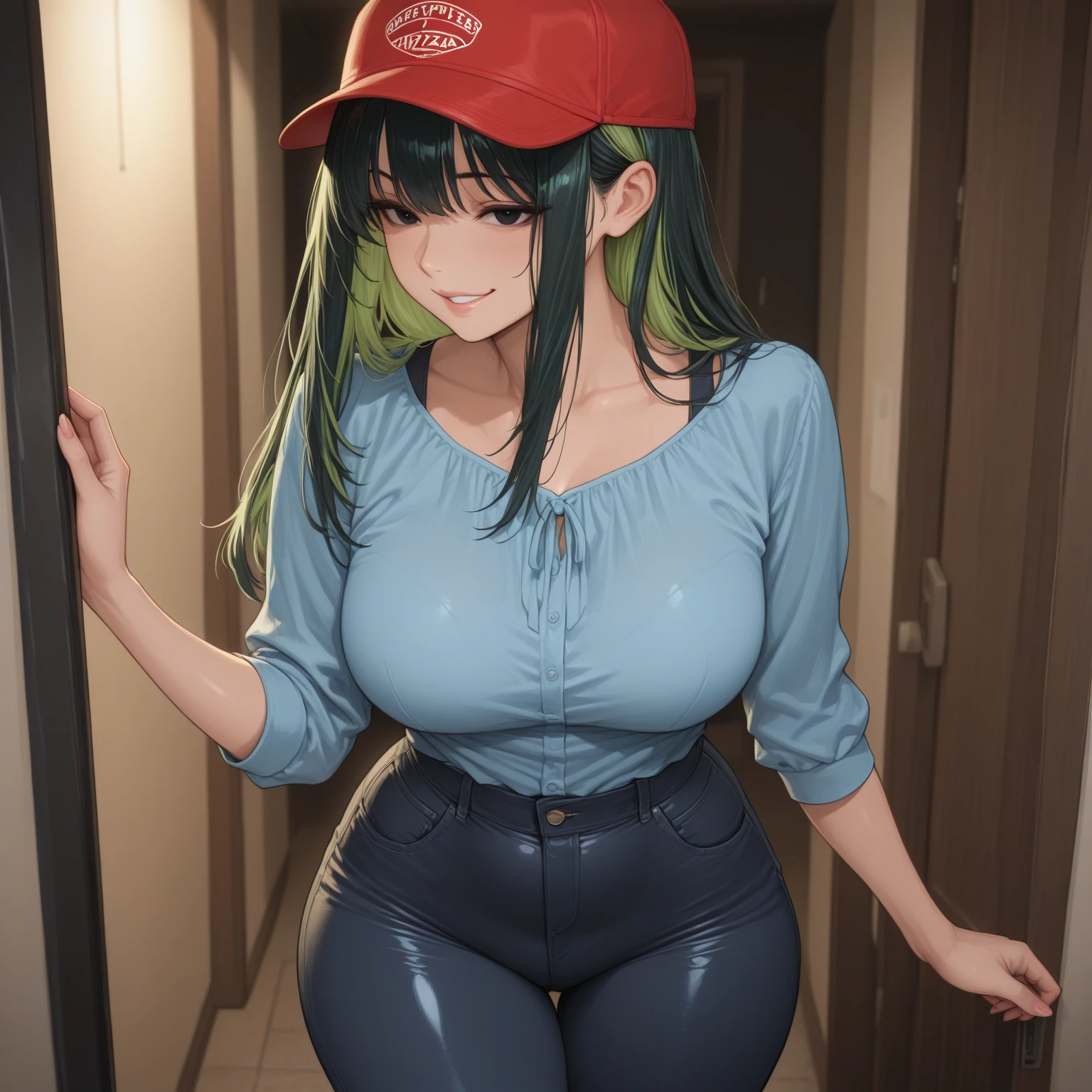 Anime girl, blue eyes, long green hair, muy voluptuosa, teen, big breast, shy smile, wallpaper, cute High waist denim shorts, long sleeve blouse, strap, breasts bounce,sitting on the sofa sitting in a shy pose , house