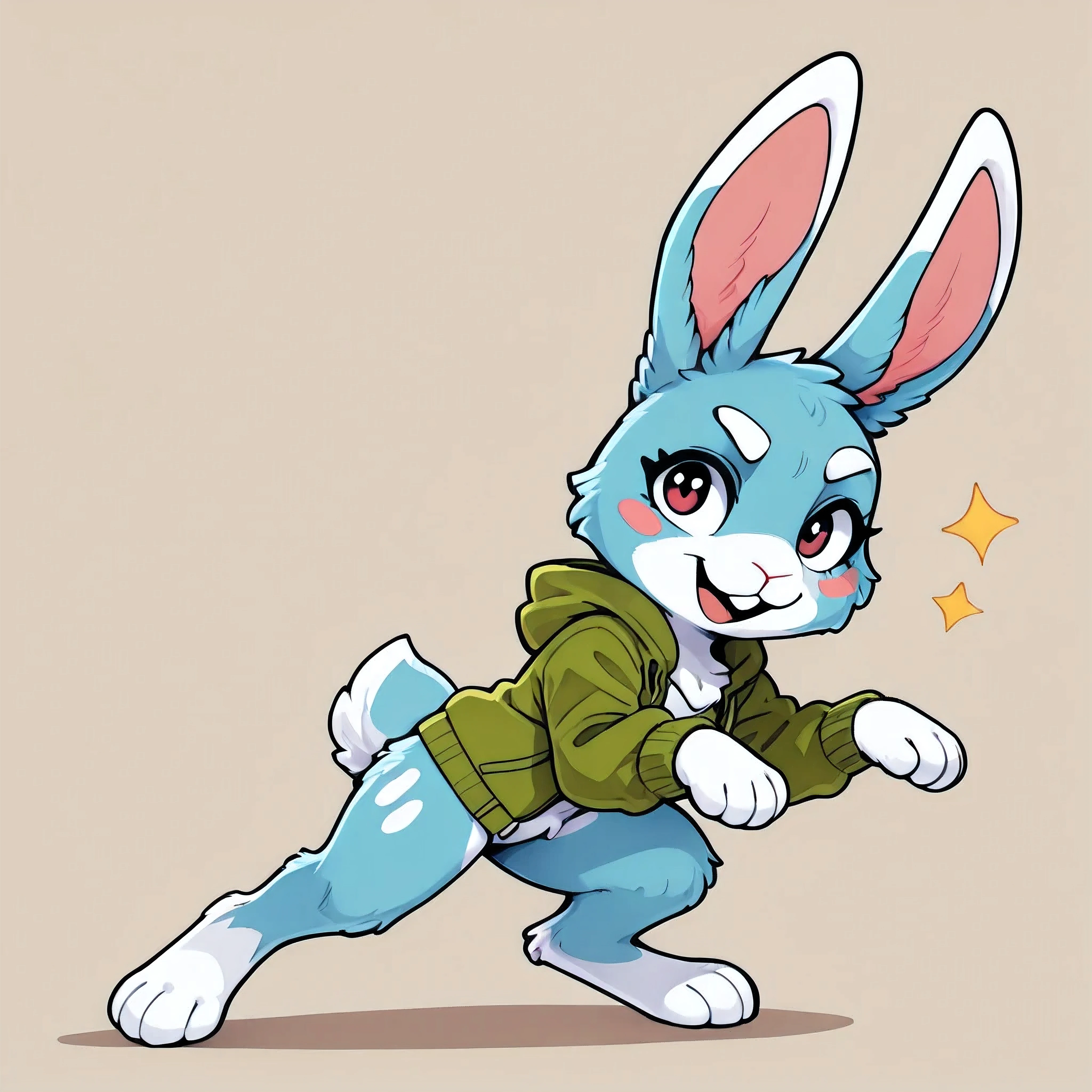 [Testing*] [Artist Style] - By_waywardmutt, chibi, flat_colors, cute, solo, (KuroRabbi, rabbit, anthro, DTkr, furs, buckteeth, slender, blue fur, paw), (stickers style), cute pose/angle/closer/new, white_outlinner, jacket white/green_sides.