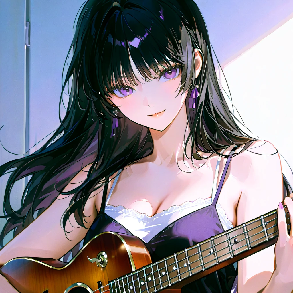 beautyful mature japanese woman, slim body, slender body, black jacket,big long fringe black hair, black lipstick, pink bra, milf, black chocker, playing guitar