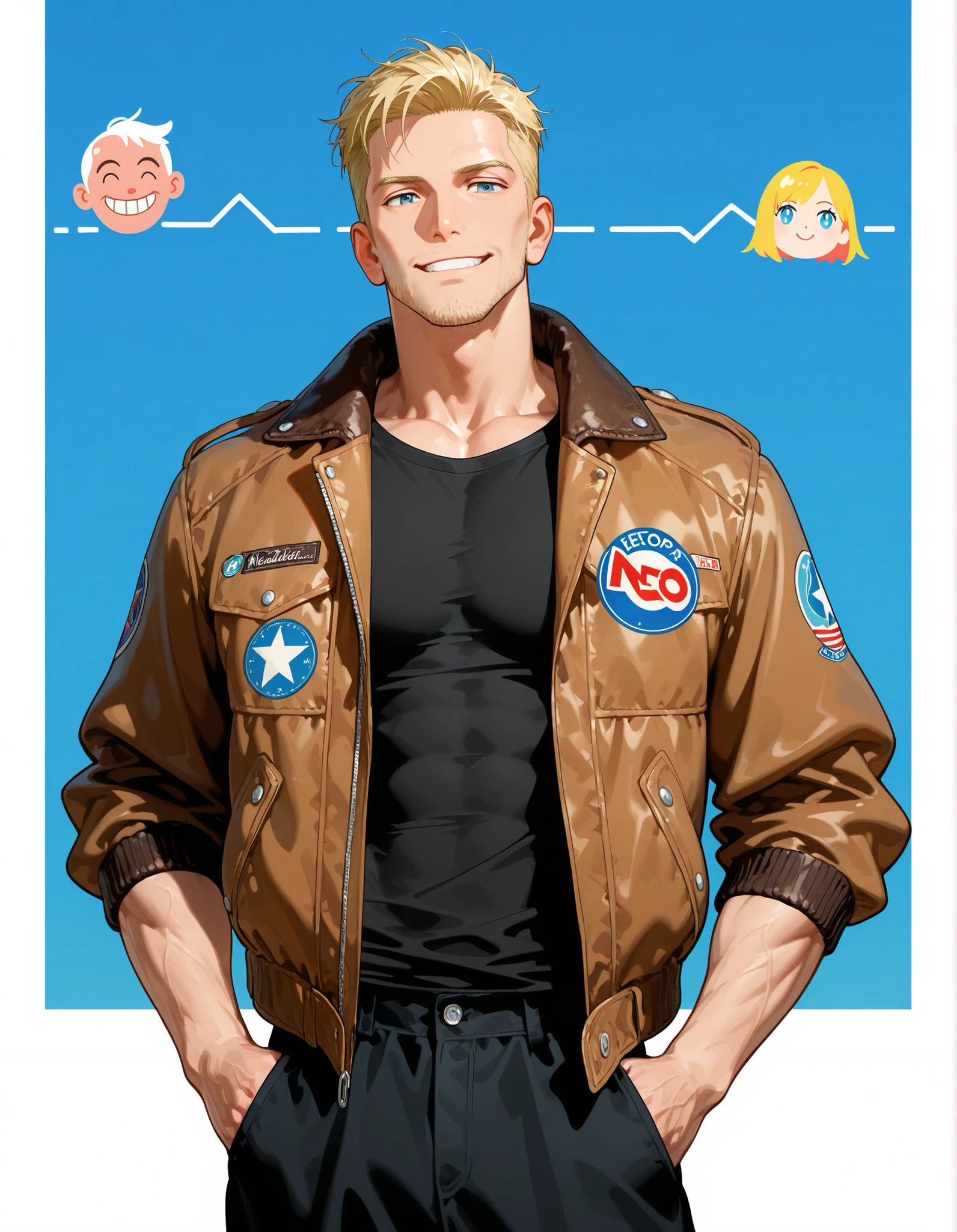 Handsome 30-year-old man, blond hair, defined jaw, short hair, stubble, square face, blue eyes, tall, athletic man, strong arms, muscular body, defined face. Masterpiece, best quality, 2D, flat shading, flat illustration, minimalist, pop art style, neo-pop, linear drawing, vector line, beautiful eyes, detailed eyes. Black pants, black shirt, aviator jacket. Wry smile.