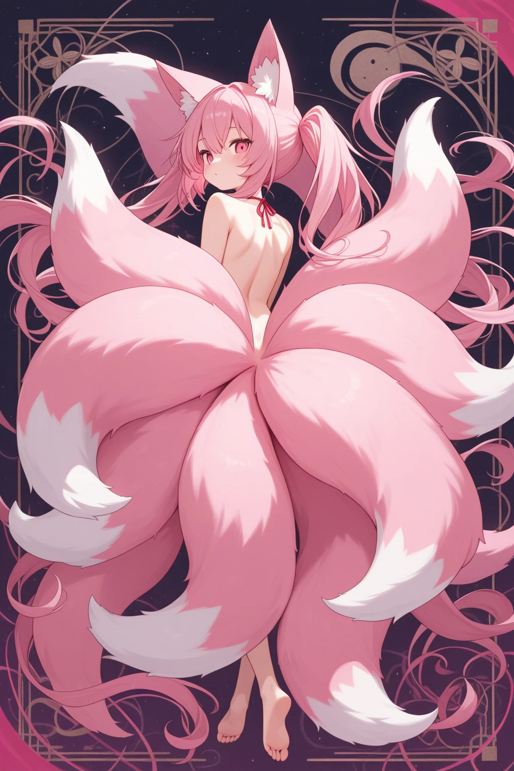 no background, white background, young girl, solo, standing pose, fullbody, nude, petite, pink hair, lilac eyes, green eyes, blushing, straight long hair, hair between eyes, very long hairstyle, absurdly long hair, wavy long hair, fox ears, bare feet, nude, naked, no clothes, big boobs, nipples, no background, white background