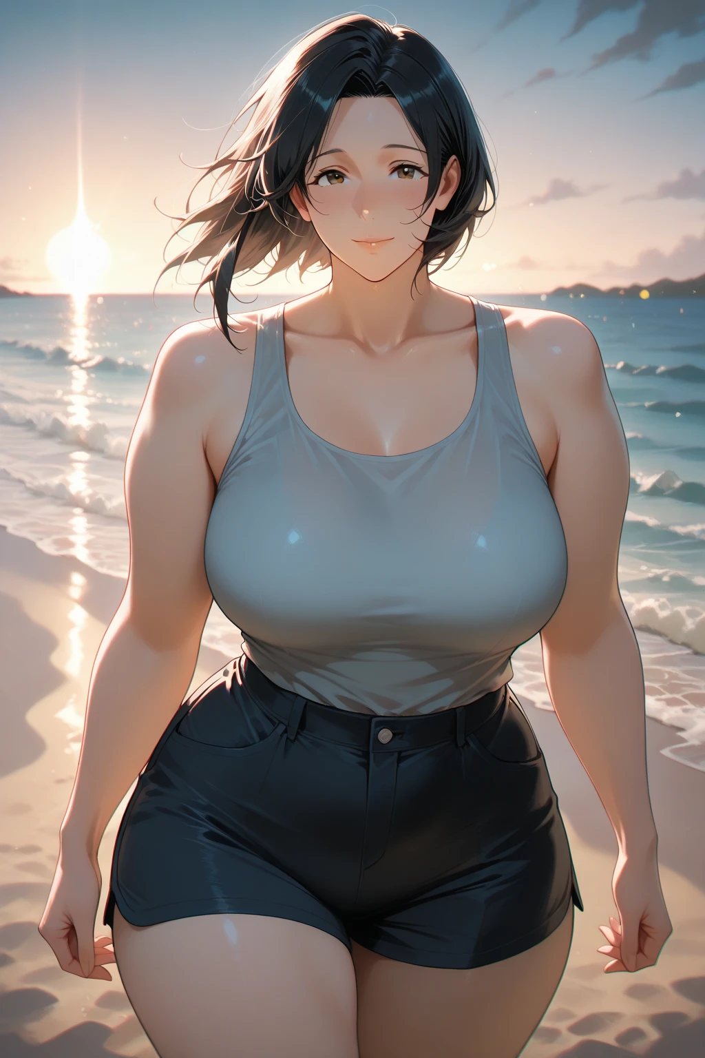 (4k, best quality, masterpiece:1.2), (realistic, photo-realistic:1.37),skye , on a beach, , , yellow tank top, blue eyes , thick things, aroused, horny, red hat, standing,, black yoga pants