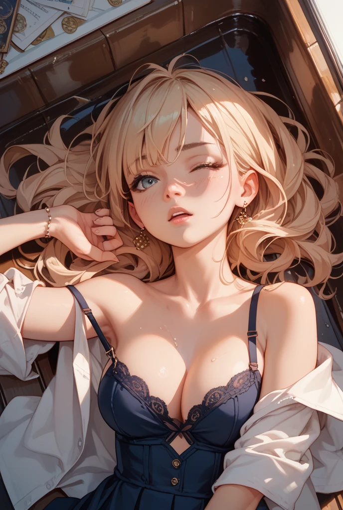 Photorealistic:1.5, Beautiful woman, hairstyle that bounces outward, (medium hair:1.5), (platinum blond hair:1.5), (platinum blond colored eyelash:1.5), (parted bangs:1.5), (amber color eyes:1.5), (sleepy face:1.5), blush:1.2, (tilt one's head:1.5), (hairpin:1.3), (masterpiece:1.3), (best quality:1.3), high-resolution, Head-on angle, Body facing forward, solo, beautiful detailed eyes, mid day, (((best quality, textile shading, ultra detailed))), extremely detailed CG unity 8k wallpaper, Highly Detailed beautiful and aesthetic, high resolution, detailed, dramatic lighting, 1Character, soft, gentle colors, (small breast:1.5), (black camisole:1.5), (super long hem summer cardigan:1.5), (skinny:1.5), blur background, downtown:1.5, squatting:1.2, armpit:1.5,