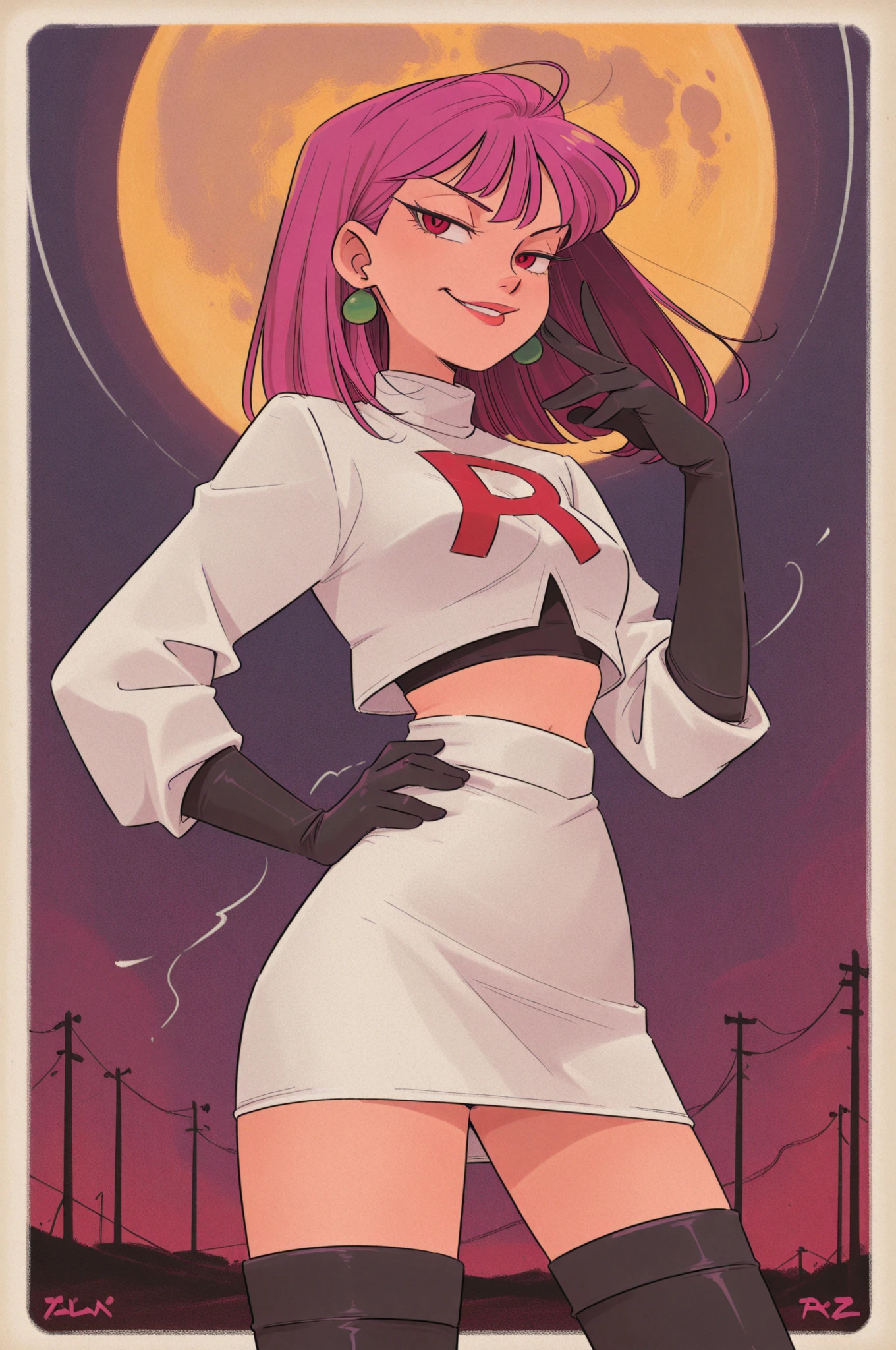  team rocket,team rocket uniform,white skirt,red letter R,crop top,black thigh-highs,black elbow gloves
