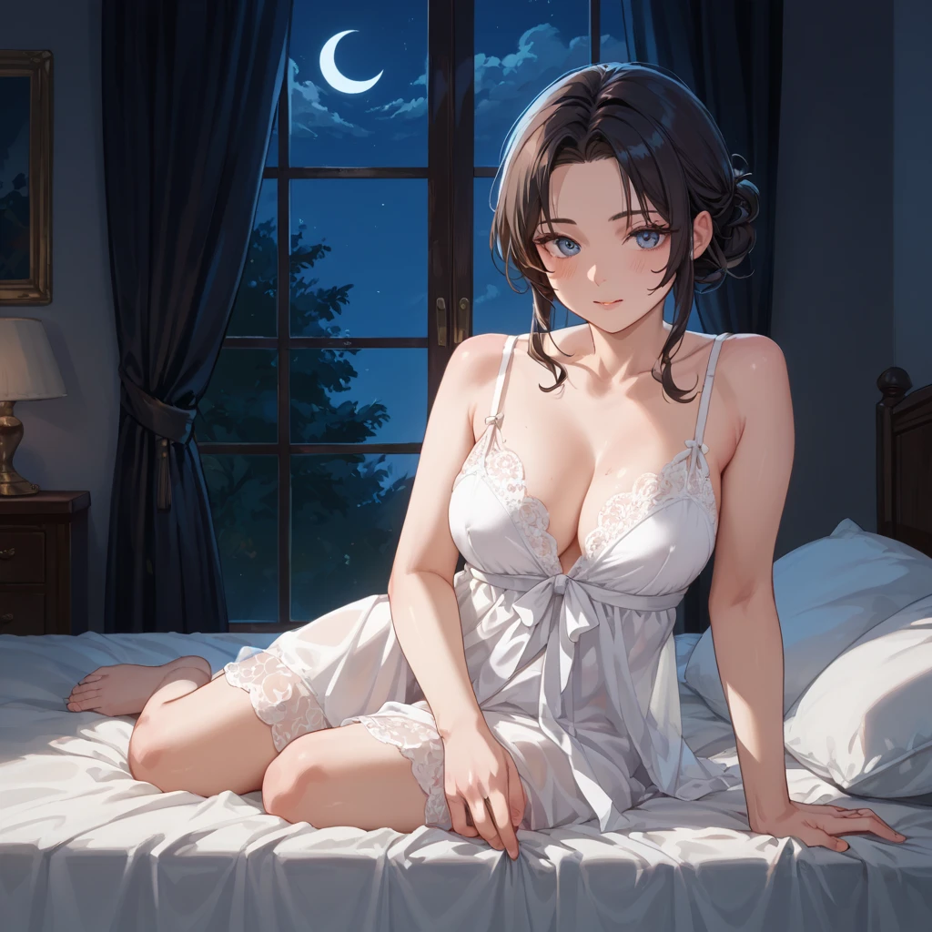 1girl, see her ass,(bright lighting,romantic setting),dreamy background,,dark hair, mesmerizing gaze, , soft skin, alluring beauty, artistic portrait, high-quality image, vibrant colors,long silk gown, mosquito net, lying down, romantic bedroom, cartoon