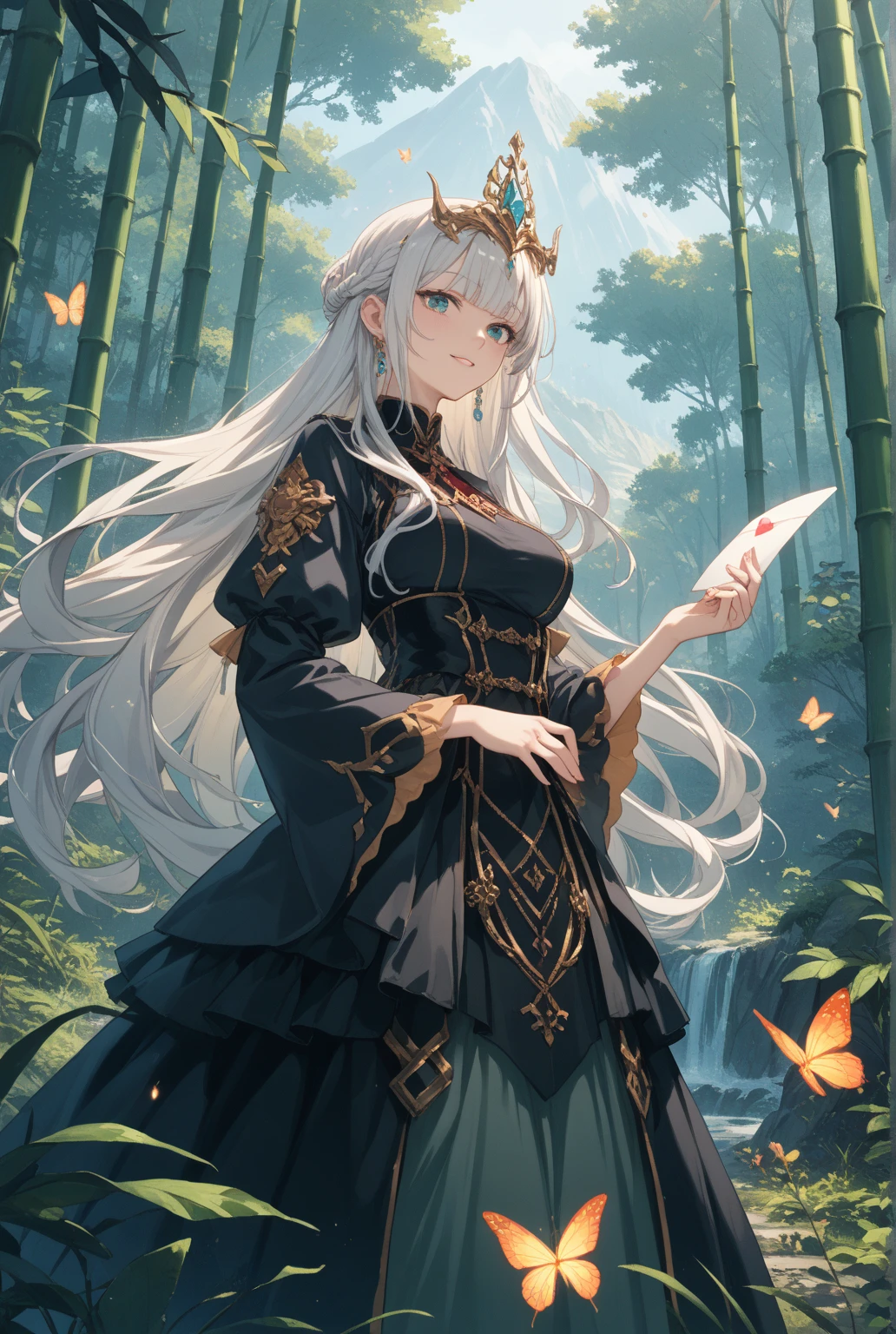 (masterpiece, Highest quality), A girl with long white hair sitting in a field with green plants and flowers, Warm moonlight, Blurred foreground, change, River bank, Bra shorts, Strange Eyes