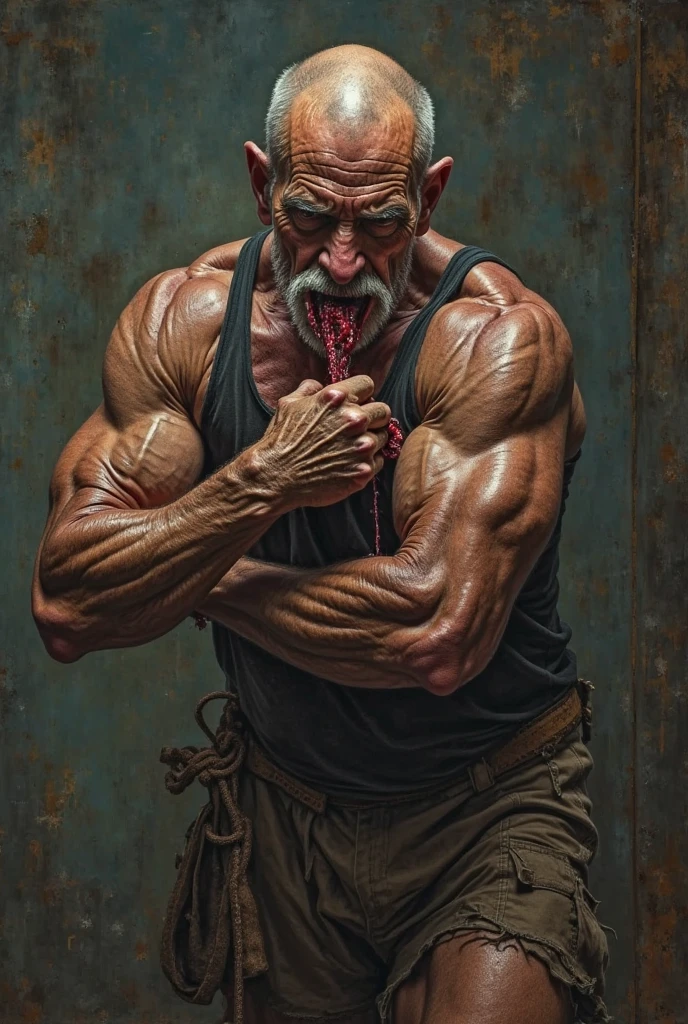a huge muscular old man, extremely detailed face with prominent wrinkles, detailed muscle, sagging skin, bald head, wide nose, thick eyebrows, detailed eyes and lips, wearing a casual shirt, hyperrealistic, oil painting, dramatic lighting, chiaroscuro, muted color palette, masterpiece, half body