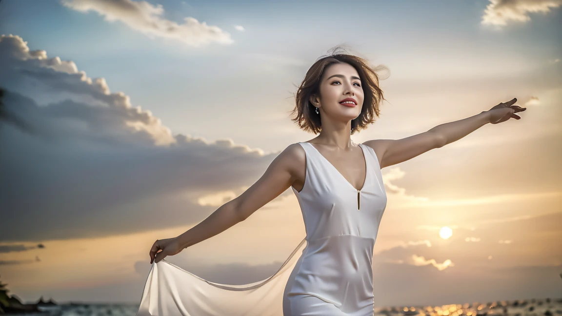 8k,Brown short hair,Very slim body、Japanese actress,Super Beauty(Like the real thing),Wine Party、wine glass、sparkling wine、full-course dinner,Neat and clean dresses,Cocktail Dresses、Big smile,Amazing view of the sunset sky and clouds、,Perfect Anatomy,charm,Volume measurement,Body balance,Digital single-lens reflex camera, Soft lighting, Detailed Background, Written boundary depth, Volumetric lighting, Sharp focus, Absurd, Realistic proportions, Excellent anatomy, (Realistic, 超Realistic:1.4), 16k hdr, dawn,High resolution,super Realistic 肌,super beautiful expression,Fantasy art,Character Art,Wind effects:1.9、Cloud Effect:1.2、Full Rendering、プロ品質のHigh resolution、Perfect contrast、Perfect lighting、Perfect composition、Perfect Skin、Perfect Fingers、Perfect breasts、Perfect Hair、Perfect Face、Realistic facial features,Highest quality,Slim figure,Perfect body line,Perfect hand shape,Anatomical Body Balance,Highly detailed face,Highly detailed eyes,Beautiful Lips,Excellent light particles,Cinema Lighting,compensate,超High resolution,Ultra-Realistic Skin,Dynamic pose,blue eyes,