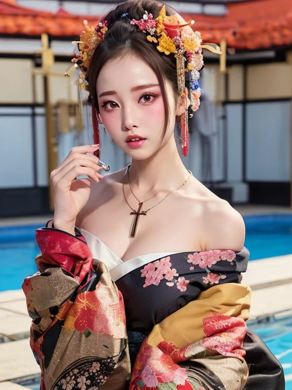 Tabletop, Highest quality, shape, Very detailed, finely, High resolution, 8k wallpaper, 完璧なダイナミックな構shape, Beautiful and detailed, kimono, Off the shoulder, Cleavage, whole body