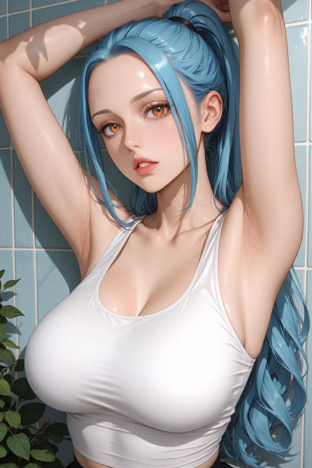 score_9,score_8_up,score_7_up,score_6_up,score_5_up,score_4_up ,witchyaesthetic,realistic,blurry background,witchyset5 :p, azure hair, bikini, lace-trimmed bra, bare arms, <lora:Oekakizuki-v2-PDXL:1>,