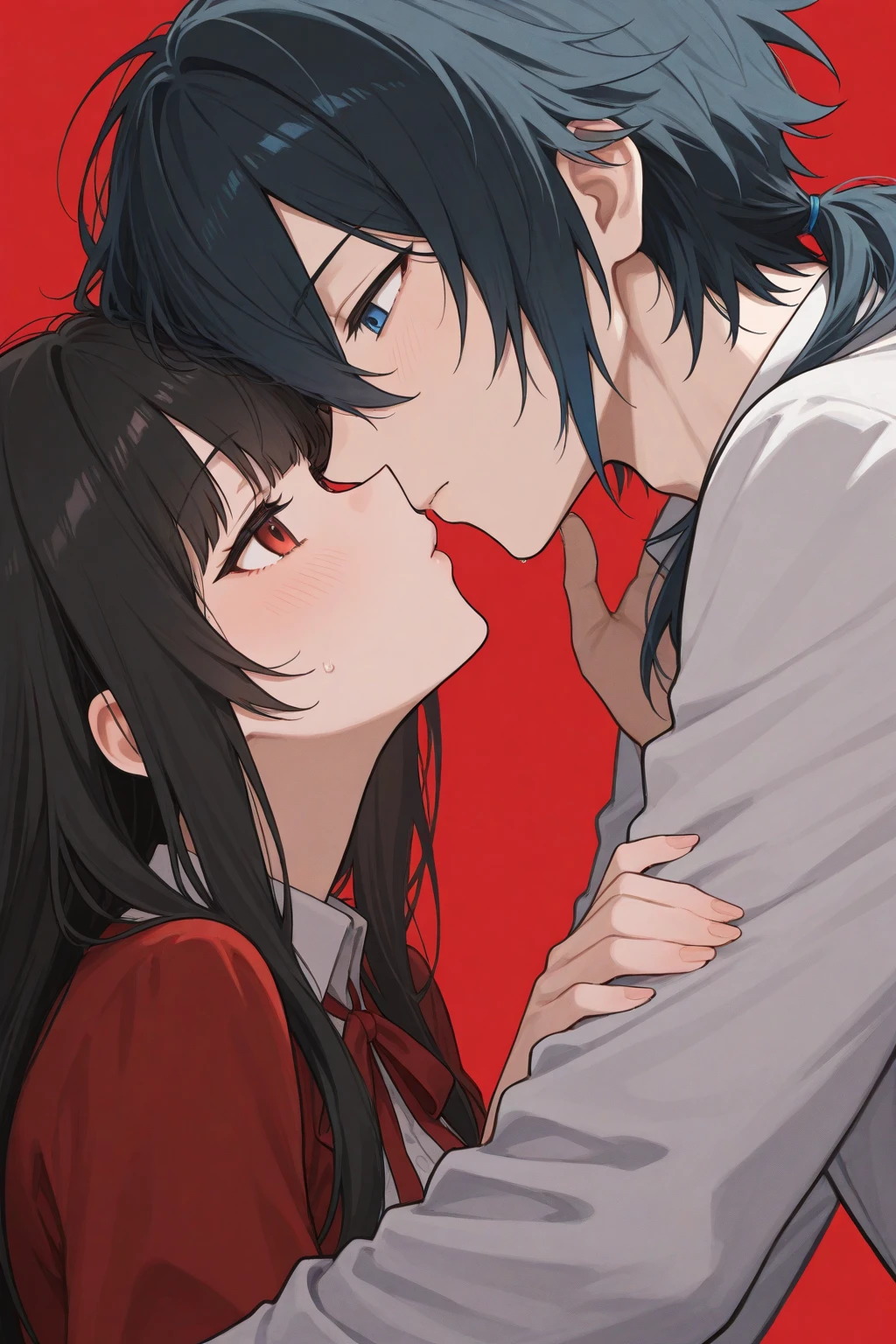 Gay anime men embracing.Ones taller with red eyes and an obsessive look he's very handsome and is holding a smaller man with blue eyes and long black hair.He looks intimidating but is smiling innocently with a lollipop hanging from his mouth.Their both men and the smaller one looks psychotic.Also the taller one had a suit on