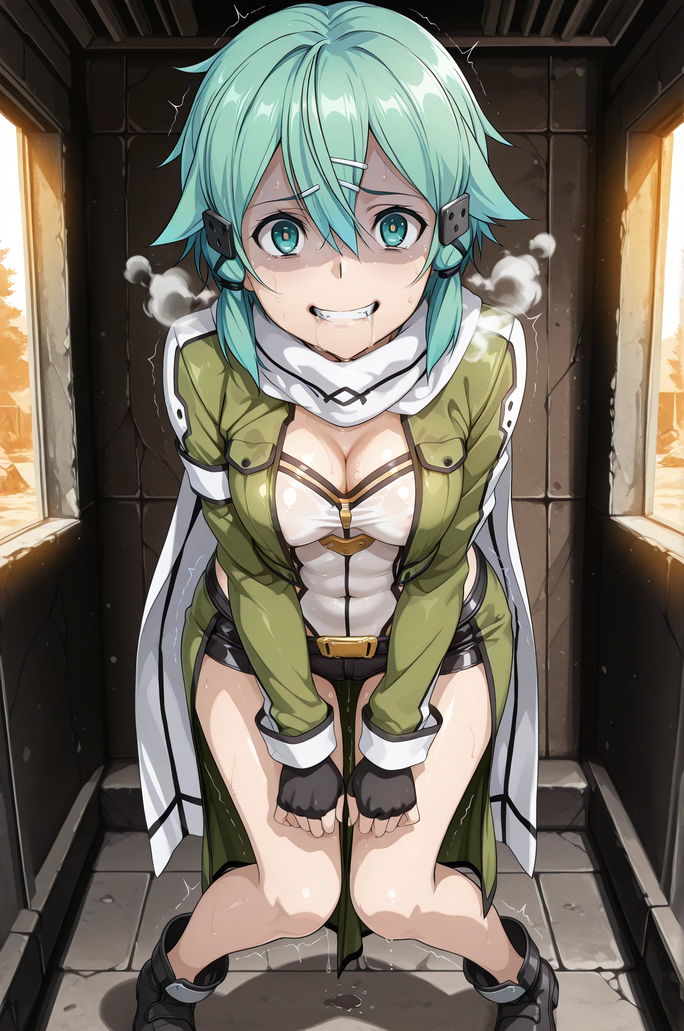NSFW,masterpiece,Highest quality,High resolution,Super detailed,Sinon \(Sword Art Online\),Embarrassed,blush,Leg spread,Sex,Open your mouth、Stick your tongue out,Roll your eyes、squint,orgasm,Squirting,One man,Sexをしている