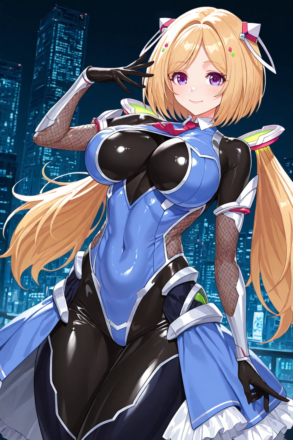 ((highest quality)), ((masterpiece)), (get used to it), perfect face, American with short, shoulder-length blonde hair、Breasts are F cup、outstanding style、28 year old female。she、Symphogear、Maria Cadenzavna Eve、Wearing Agarthram Armor。Ready for battle with a spectacular front kick。The background is、night空の見えるビルの屋上、Tokyo。night