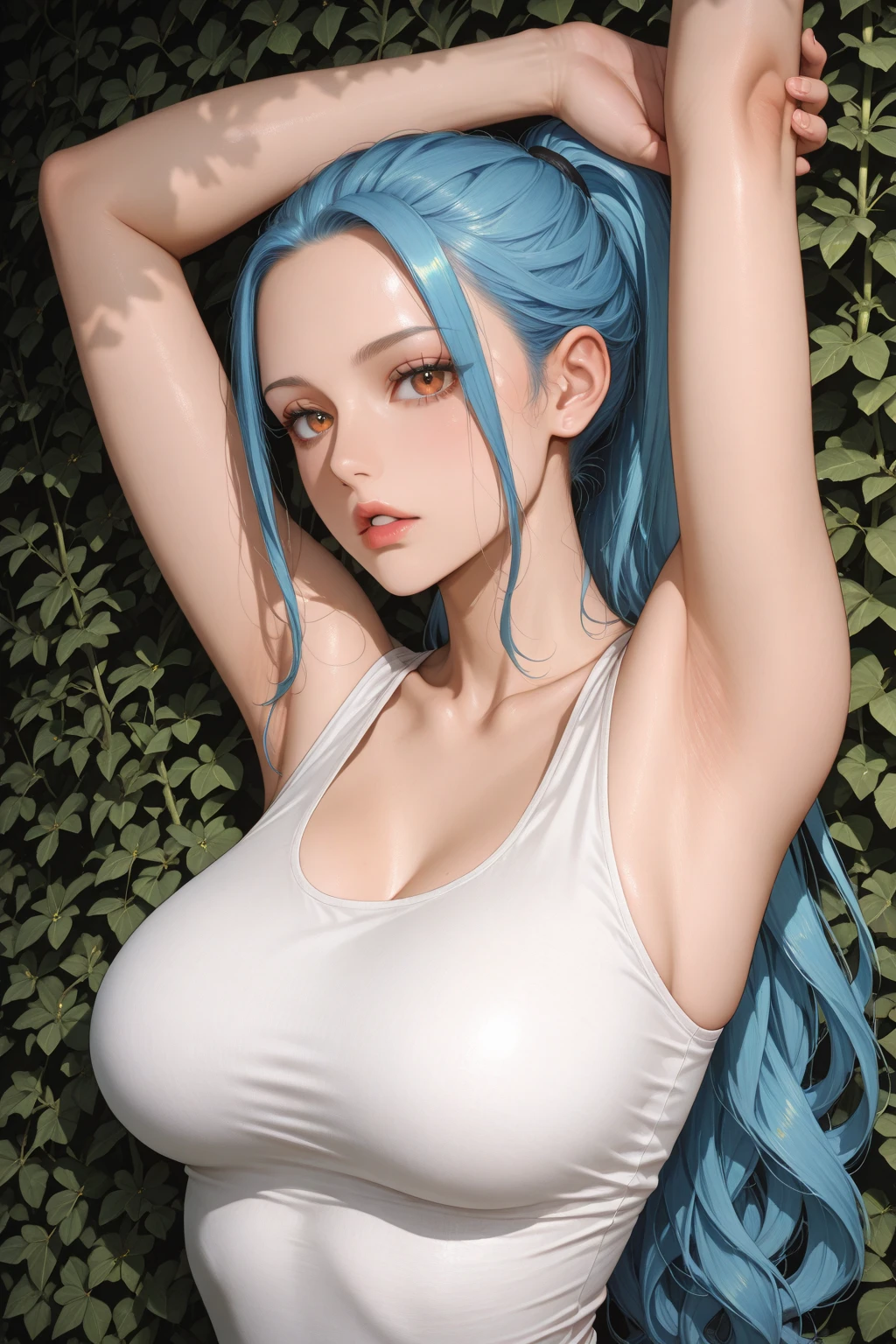 8K, Top Quality, Intricate Details, Ultra Detail, Ultra High Resolution, Masterpiece, random angle,  Slender, Smile, (Makeup: 0.4), (Fluffy Blue Eyes: 1.21), blue Eyes, looking at viewer, ((full body)), 1girl, solo, 1 girl, (( full body)), ((close up shot)), feminine and sexy posture, ((tall)), (((fit body))), (((slim face))), sharp face, sharp eyes, (((sky blue hair, long hair, side bangs))  (detailed face), sharp face, small lips half open strawberry lips, pureerosfaceace_v1,
 ((naked)),  detailed face, ((detailed breast, detail ass,)) Beautiful girl with accentuated slender abs: 1.4, Six Pack Abs: 1.4, Bust Botox, Big, Perfect Body, detail leg,  (Dark Night Background: 1.2)