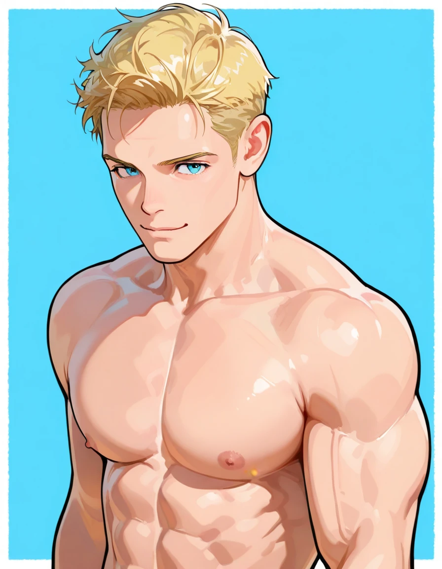 (a detailed watercolor and pencil drawing of an incredibly handsome 27-year-old naked male athlete with short blonde hair and a fringe, a broad very muscular chest and narrow waist wearing black silk women's lacy panties and stockings) full body image seen from a low angle. dynamic pose