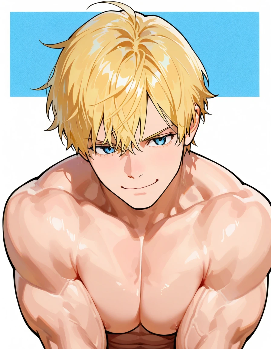 ((Best Quality)), (detailed), 1 adult boy, arete, pink lips, Approach, look at the viewer, yellow blonde hair, green eyes, short straight hair with long bangs, smile softly, very handsome, White background, Toned body, ((tender)). shirtless.
