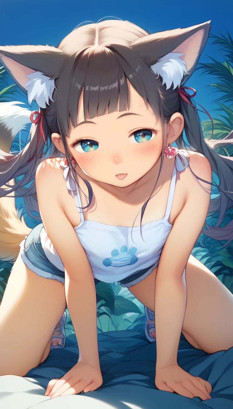 (NSFW:1.1), (realistic, photo realistic:1.2), ((highest quality)), move the center of gravity backwards, pretty embarrassing, hokko tarumae \(umamusume\), Purple eyes, barefoot, White bikini, (Red frill:1.2), horse taill, (squat:1.4), put the heel on the ground, spread legs, squat with your knees up, Attach your ass to the ground, beautiful face details, real human skin, gentle expression, realistic, photorealistic, cute, squat deep on beach, whole body, Smile, natural smile, charming smile, enchanting smile, (looking at the viewer:1.2), From before, from below, (wind:1.1), tomachop, kigurumi