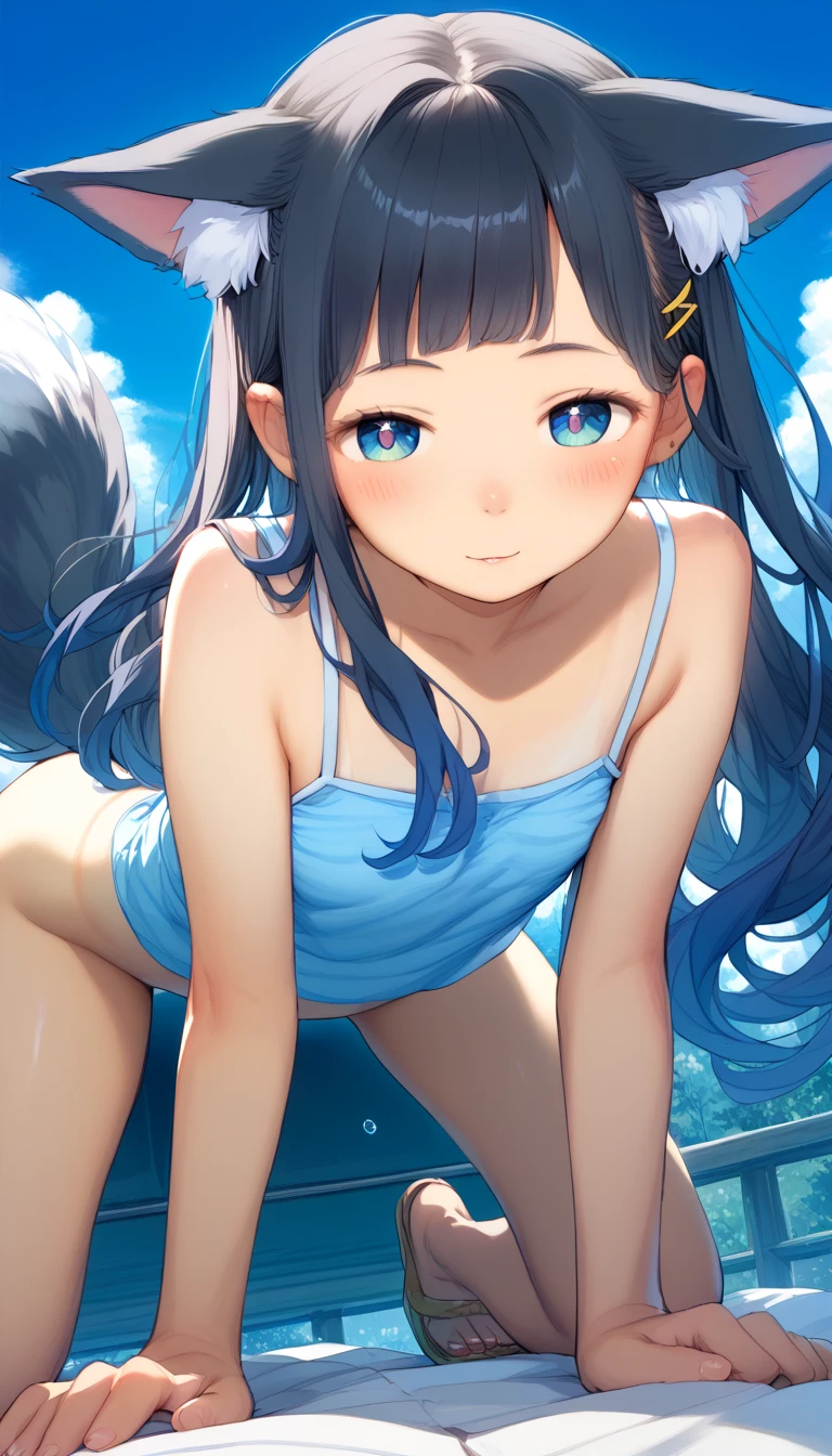 Best Quality, Deep blue hair with white lines, A blue sleeveless sailor dress with a dark blue V shape, barefoot, Thin white wristbands on both wrists, The tail of a dolphin is growing, Small dolphin fins grow on the head, Ditome, Gigantic Boobs