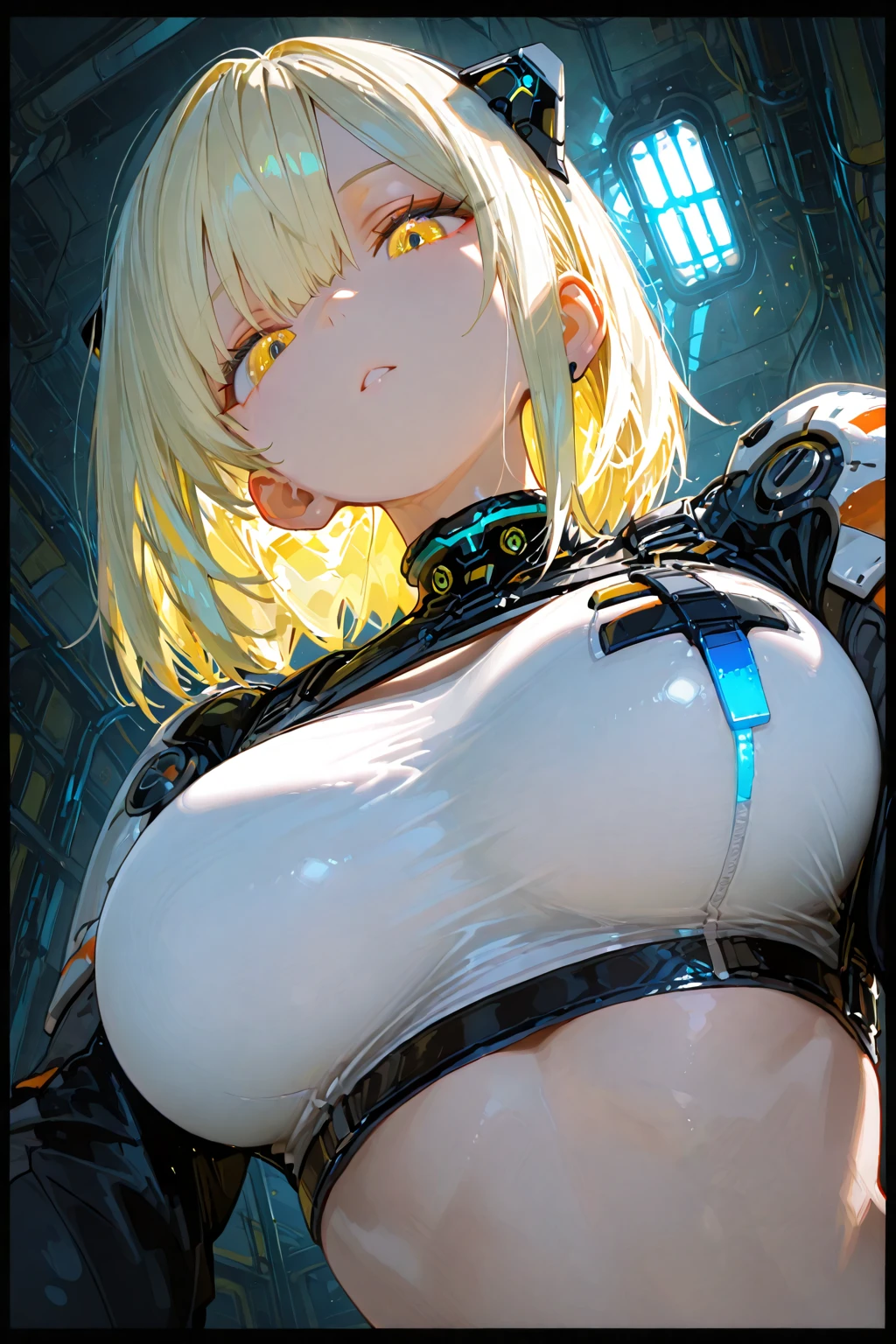 (bangs:1.3), (deep mist  :1.5), (mixed white hair :1.4),(perfect skin girl:1.4),(beautiful hair1.3),(gigantic boobs:1.3) 
(pile carbon suits:1.3),(neatly groomed short hair :1.4),(gold eyes:1.3)