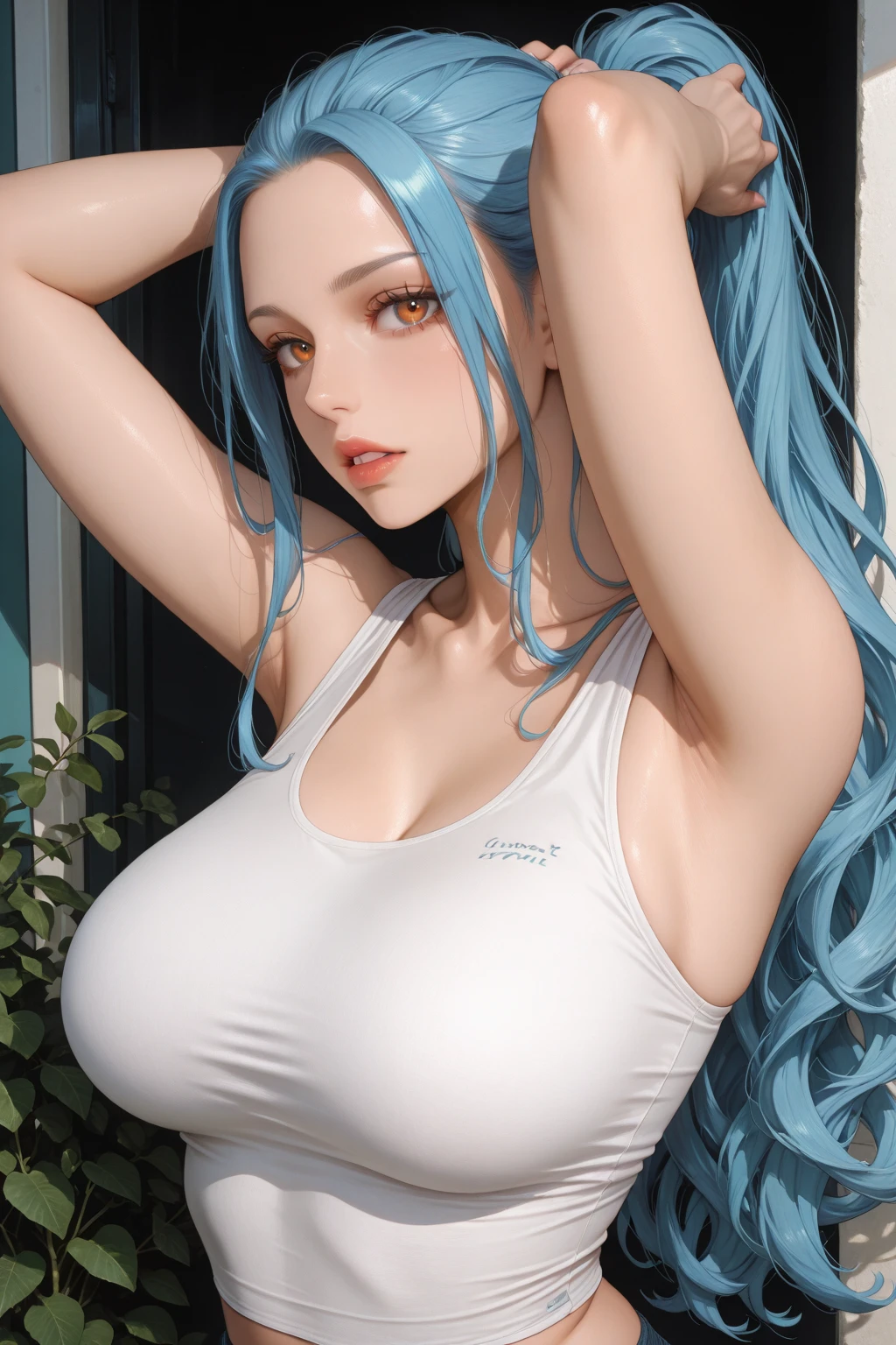 seios grandes, 1girl, ((cabelo branco)) ((Demon girl )) peito grandes, olho esquerdo azul, olho direito branco acinzentado, tem um corpo extremamente sexy, com seios fartos e cintura fina, e um corpo extremamente sexy, vestindo uma blusa sem mangas ousada longa e curta curta , tem um visual arrojado. jovem, qualidade, Realistic, best quality, chuva, ambulante, parque