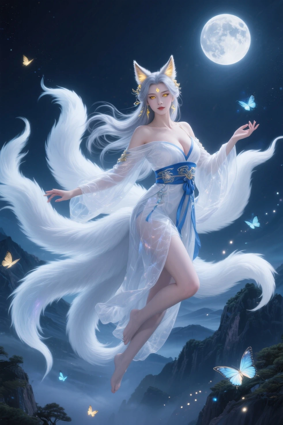 a beautiful and ethereal fox spirit dressed in a flowing white Chinese robe. The image captures the fox spirit standing gracefully on the water's surface, surrounded by white clouds and mist that lend an otherworldly quality to the scene. The fox spirit's long white hair and robes are swept up by the wind, adding movement and fluidity to the image. Use Midjourney's advanced brush tools to create intricate folds and textures in the fox spirit's robes and hair, and experiment with different color palettes and brush strokes to bring out the ethereal quality of the scene. The fox spirit's beauty is further enhanced by the way her image is sometimes obscured by the surrounding mist, giving the scene a sense of mystery and enchantment. With Midjourney's powerful tools, you can bring this captivating and ethereal scene to life with incredible detail and beauty.
hdr, (photorealism, masterpiece quality, best quality), , pureerosface_v1,ulzzang-6500-v1.1,
