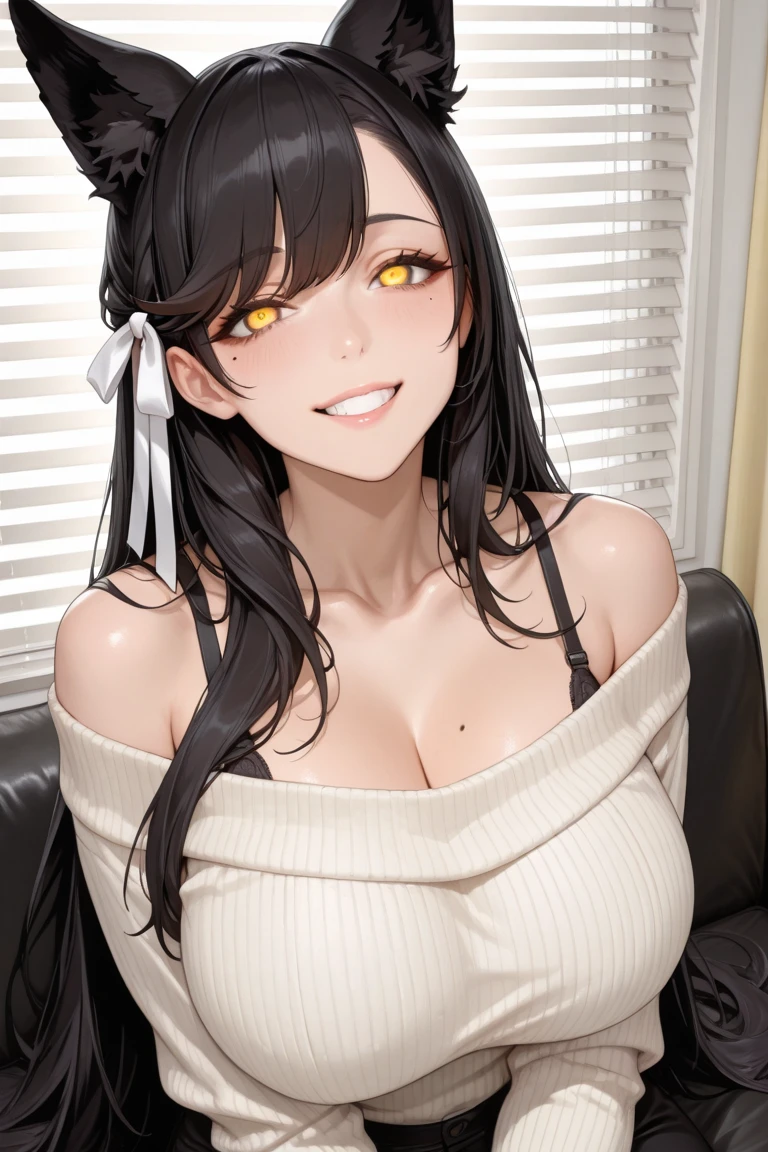 Solo, close up, female, long wavy black hair, pitch black skin, broad shoulders, smile, large breasts, mature, black eyes, black cat ears, black cat tail, casual clothes, cleavage, indoors, modern home, muscular, bell pants, cat collar, bell collar, wrinkles, greying hair, abs, broad shoulders, cute pose, blush