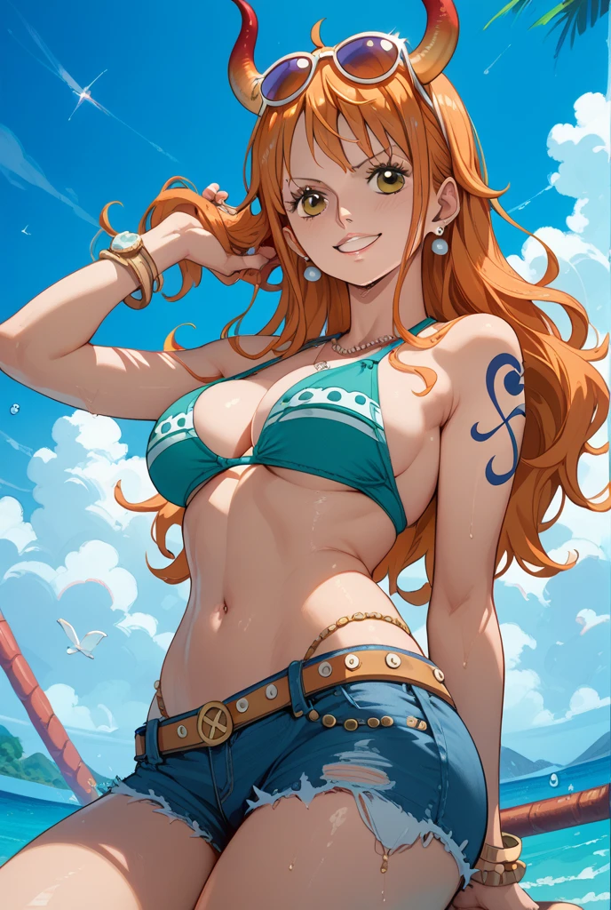 detailed background, masterpiece, 4k, best quality, adult, wrestler, 1girl, active, energic, uppercut, (large mouth) , solo, nami \(one piece\), 1girl, bangle, very wet, soaked in sweat, perfect detailed face, bold drawing lines, muscular arms, detailed bold arm lines, flat jaw, adult woman, wavy wide streaked bangs, floating bang streaks, (big cheeks), bare shoulders, off-shoulders, belt, bikini, bikini top only, blue sky, bracelet, springy breasts, breast lines, big round eyes, plain big brown shiny eyes, bubbles, high eye position, cleavage, cloud, day, denim, earrings, floating hair, shiny hair, green belt, green bikini, bold groin lines, jeans, jewelry, medium breasts, log pose, long hair, looking at viewer, navel, wet hair, orange hair, pants, shoulder tattoo, sidelocks, sky, solo, standing, stomach, swimsuit, tattoo , looking at viewer, open mouth, detailed left arm, big forehead, hourglass figure, small head, very happy, laughing, toned body, wide hair, wind effect, sun effect, under the sun, narrow small ears angle, older, random poses, tired