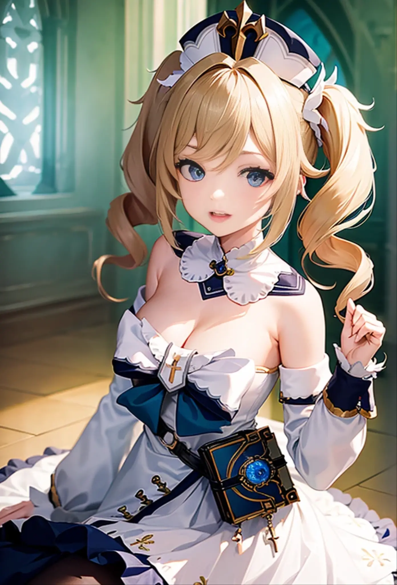 barbara\（Genshin Impact\）， double tails， frill dress， bucket-hat， exposed bare shoulders， depth of fields，
（tmasterpiece，Sideslit，Fine beautiful eyes：1.2），tmasterpiece*sportrait，realisticlying，3D Face，glowing light eyes，shinny hair，Glossy glossy skin，solo，(Anne Hathaway),(Golden hair)，（blue color eyes）