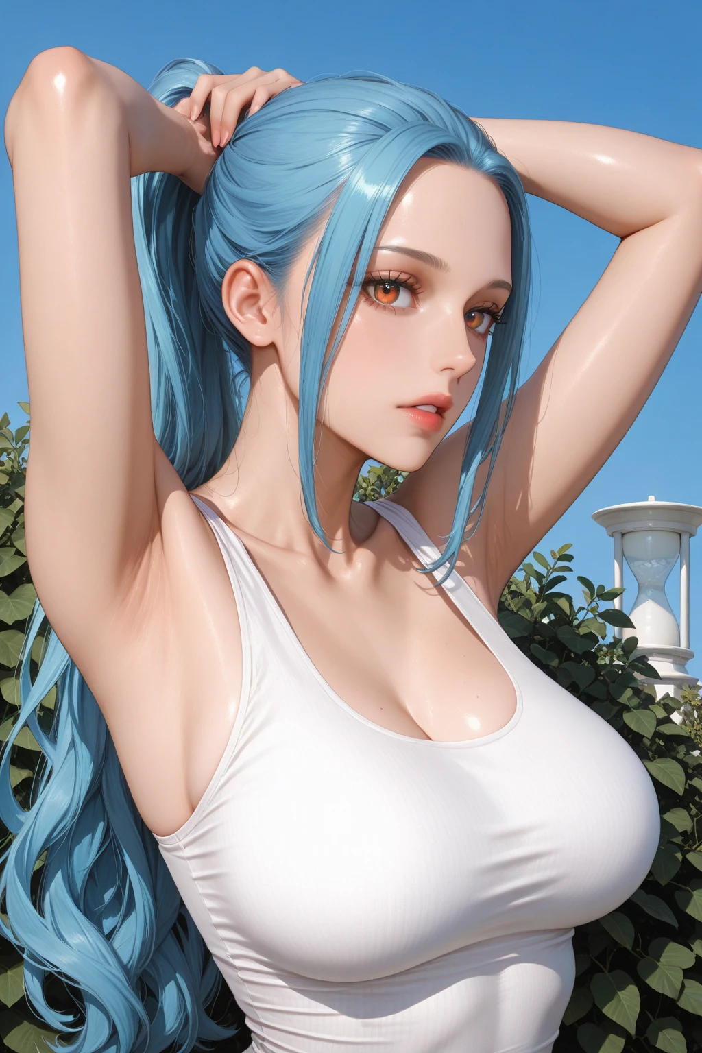 (masterpiece:1.4), (8k, photorealistic, RAW photo, best quality: 1.4), japanese, (1girl), beautiful face, (realistic face:1.4), (blue hair, long hair:1.3), beautiful hairstyle, realistic blue eyes, beautiful detailed eyes, (realistic skin:1.3), beautiful skin, attractive, ultra high res, ultra realistic, highly detailed, golden ratio, (detailed face:1.4), looking at viewer, (realistic medium breasts:1.4), (underboobs:1.3), standing, hand on hip, transparent white dress, see through white dress, (braless:1.4), nipples_out, nsfw, futuristic ancient china city street, dynamic lighting, ponytail contorted, white chinese traditional dress, hair ornaments, necklace, jewelry,
