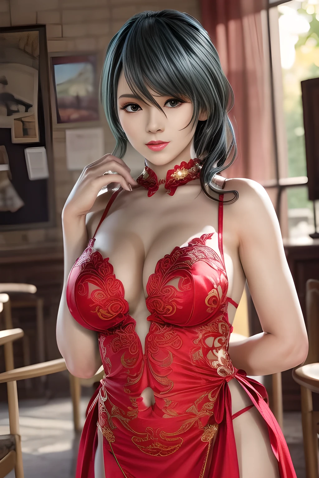 1 girl,lean over WINK, (dark red Wedding Dress,see-through), nighttime,moon,( huge breasts:1.1),cleavage,shiny skin,lip gloss,( tattoos:1.2), masterpiece, best quality, realistic ,Surrealism,Rich artistic colors,natural colors art in 8k,3D,Portrait art,solo, tamaki