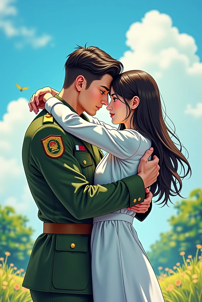 Arafed couple in camouflage clothes standing on top of a mountain, cena do filme live action, captura de tela de um filme, ainda filmado do filme, ainda do filme, ainda de um filme live action, Filmado do filme, filme promocional ainda, filme ainda do filme, filme de alta qualidade ainda, cena de destaque do filme, durante o nascer do sol, filme promocional ainda