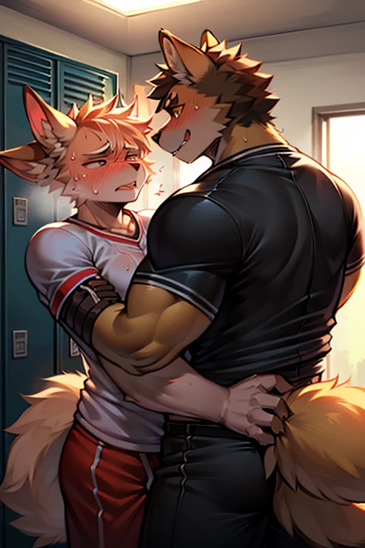 A gay purple dragon sign wearing a T-shirt and shorts and blushing with yellow eyes and kissing a yellow wolf