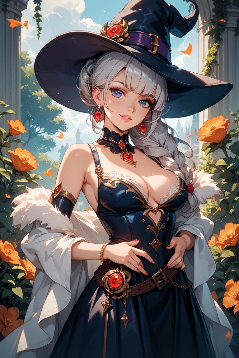 Witch woman, grey hair, ciano eyes, gold clothes, strong and imposing, illustration of a war scene, centralized image, a single image on a single card, with bronze and silver-gold borders,