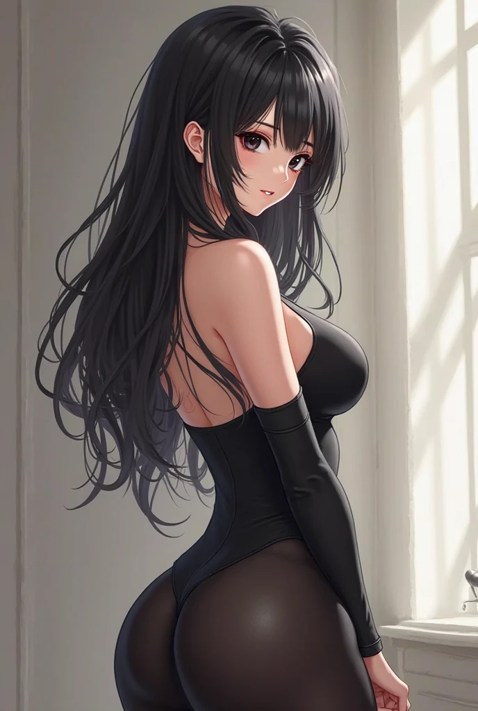 A semi-naked woman ,wearing a transparent black bodysuit,transparent white pantyhose,Linda , exuberante , Hentai style 