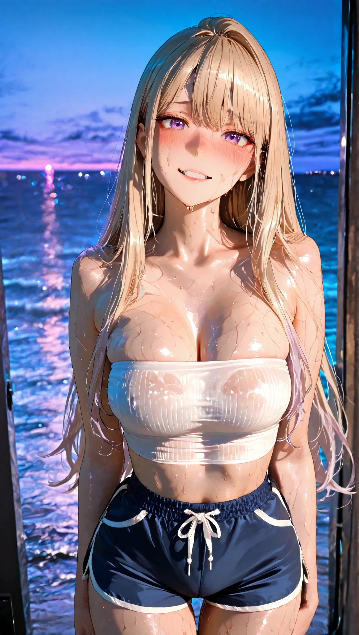 Highest quality、naked、Lewd appearance、Japanese Gal、Blonde、Blonde Hair、Big Breasts、Shorts、smile、naked、beach、Ocean、ギャル 全naked マンコ 周りに人 露出