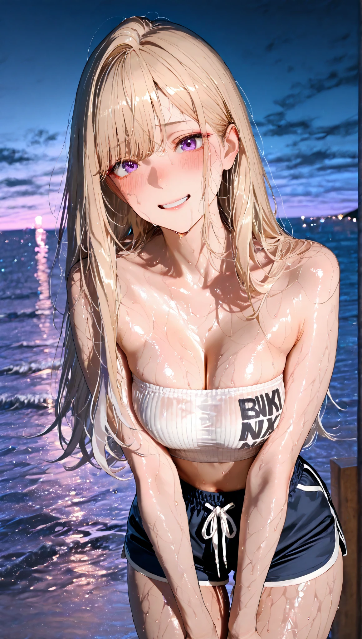 hot seductive mature woman, junko enoshima, slight tan, curvy body, smooth skin, fluffy pigtails, choker, completely black bikini, blushing a lot on cheeks and nose, lying in bed, messy hair, sharp blue eyes, beautiful face, safe for work, smooth skin, legs closeup, view from above