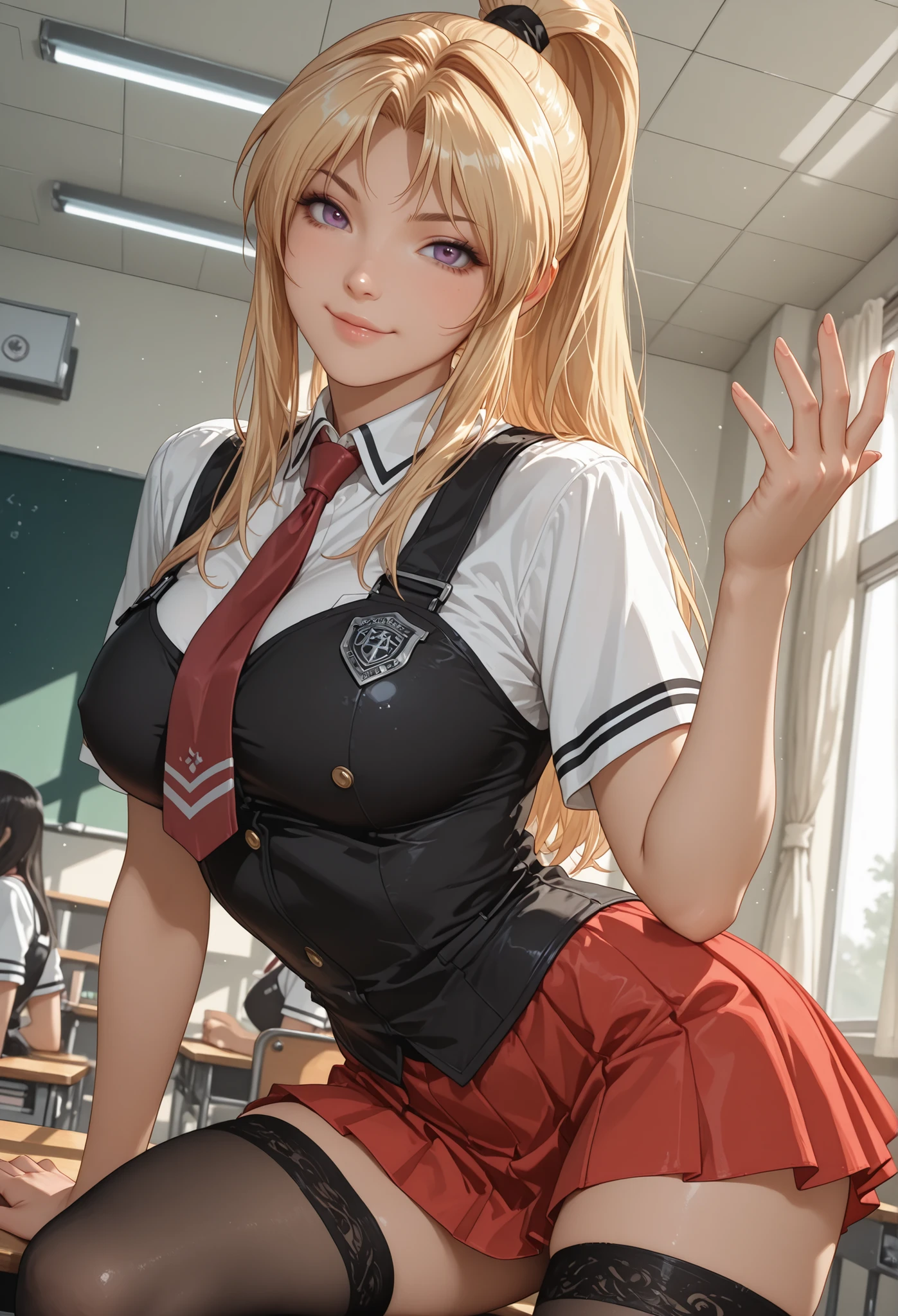 NSFW, (girl),((optimal quality)), ((Masterpiece)), (A detailed: 1.4),face red,perspire The ultimate masterpiece,(fidelity:1.2),(sexy),(Huge chest), Open crotch, Open legs, (Smooth: 1.1), (Cutes: 0.9), (shiny: 1.1),, red lips, cute girl, anime, cute pose, super small translucent lace lingerie,g string mini thong, (big breast), big ass, detailed lines, 8k image, no blur, perfect realistic nipples, sexy closed smile, erotic, super small sexy armor,detailed realistic vagina, michievous smile, hottest girl in the world, dominant gestures, super small short dress, in a classroom, tights, asuna from blue archive game, blonde, cutest girl on earth