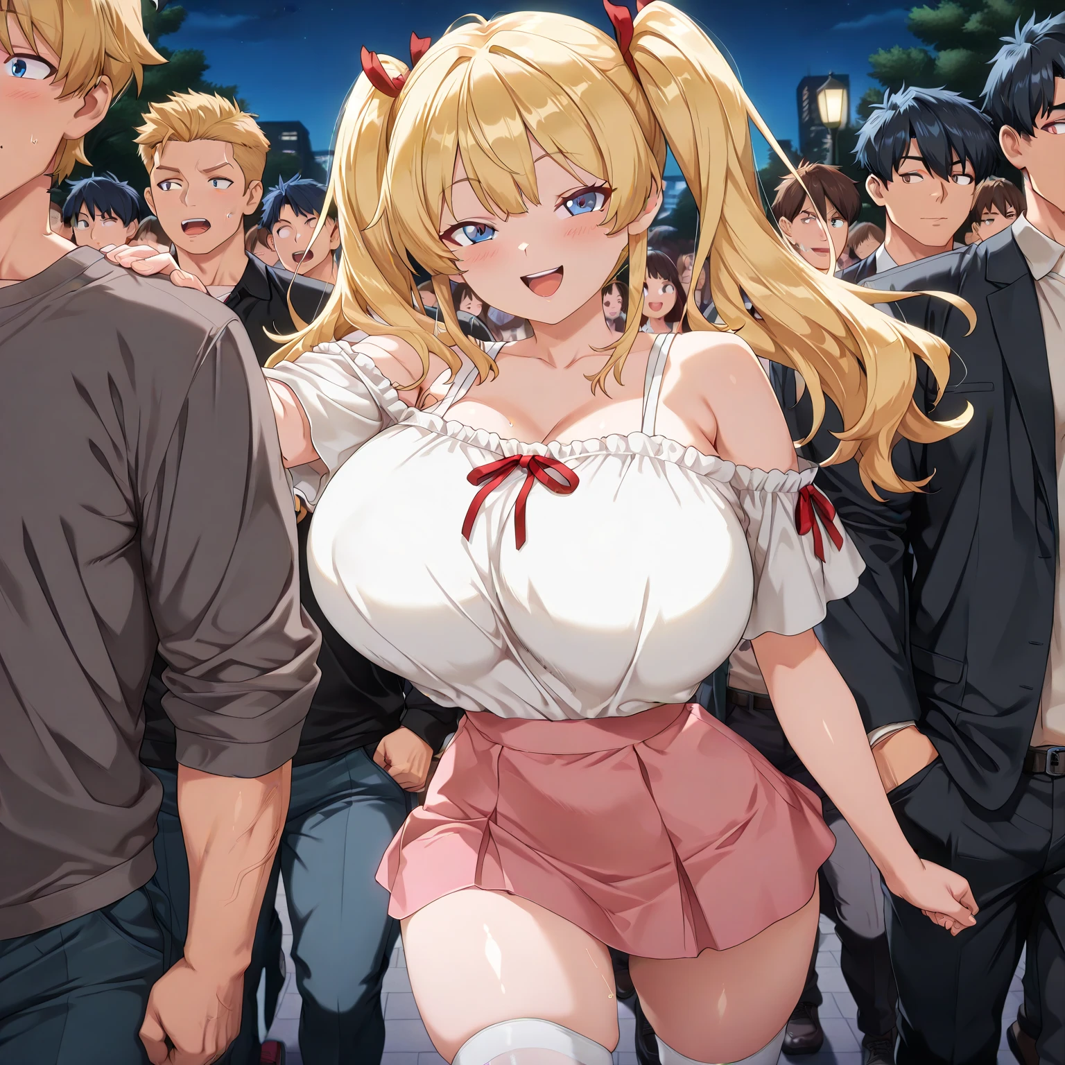 masterpiece, best quality, ultra high res, ultra-detailed, outside a convenience store in a park, pouring rain, (gigantic tits: 1.6), (dense pubic hair: 1.4), (without underwear: 1.4), (a group photo of 2 schoolgirls getting groped by multiple male thugs while having very embarassed face with reddened cheeks: 1.6), wet body, squirting, orgasm, lewd slutty face, ahegao