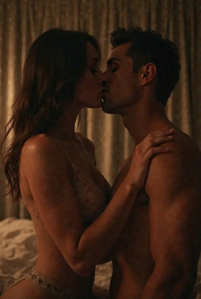The man in his 45s with black very short hair and smooth face with moustache. The woman in her 45s with brown wavy long hair. They are naked. In the bed. The woman is sitting on the man's lap. The man is grabbing the woman's buttocks. They are kissing. They have sex. Orgasm. Night. Dim and dark environment. UHD. HDR. Cinematic.
