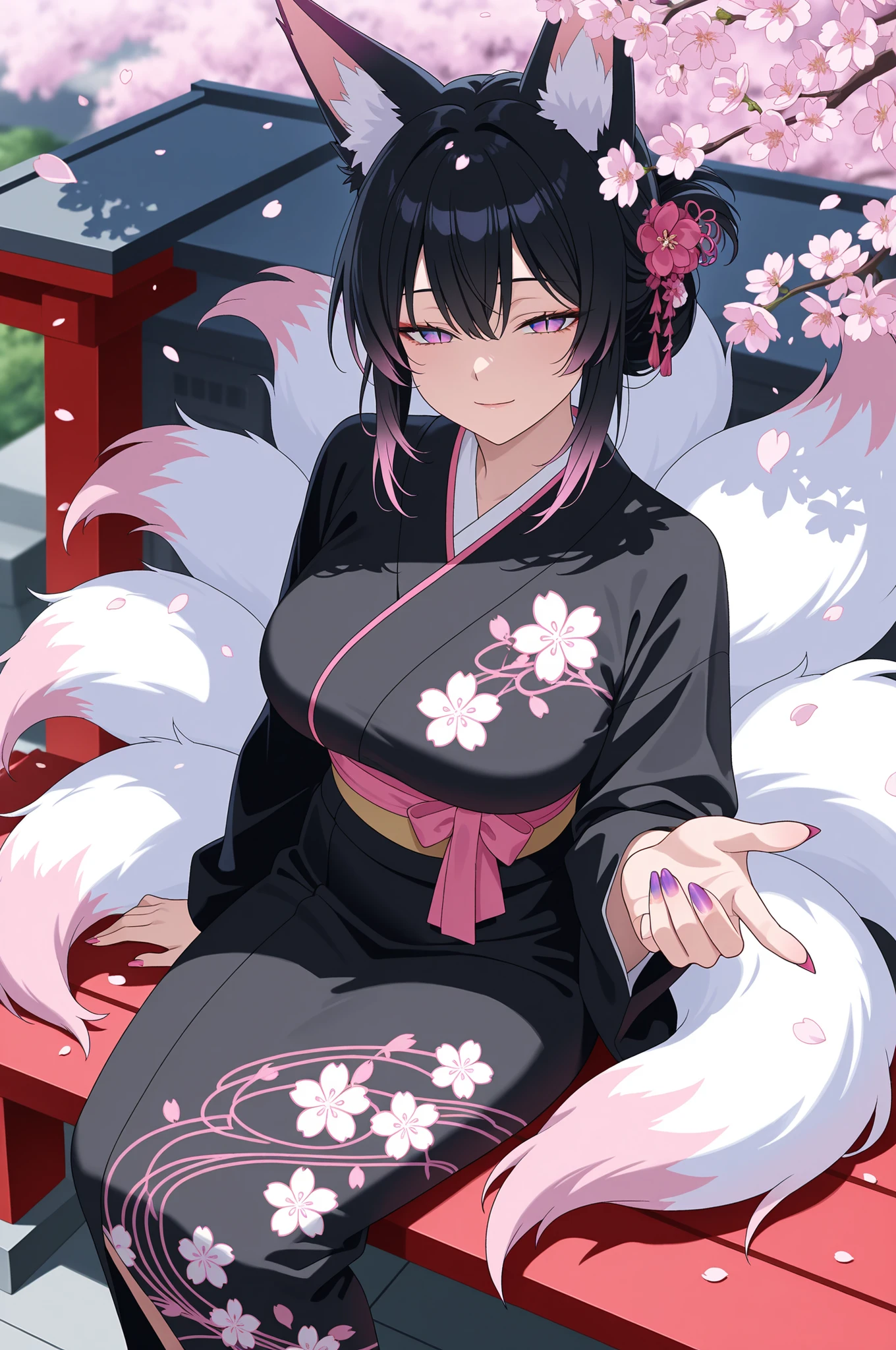 masterpiece, best quality, amazing quality, very aesthetic, colorful, rating:safe, from above, 1girl, mature female, kitsune, kyuubi, aged up, sitting, hanami, half-closed eyes, light smile, looking at viewer, beckoning, tapping side, folded hair, black hair, pink highlights, light purple eyes, gradient eyes, slit pupils, fox ears, multiple fox tails, nine tails, breasts, claws, gradient nail polish, black kimono, flower print, outdoors, shrine, cherry blossoms, shade, blurry background, absurdres, (anime coloring), lineart