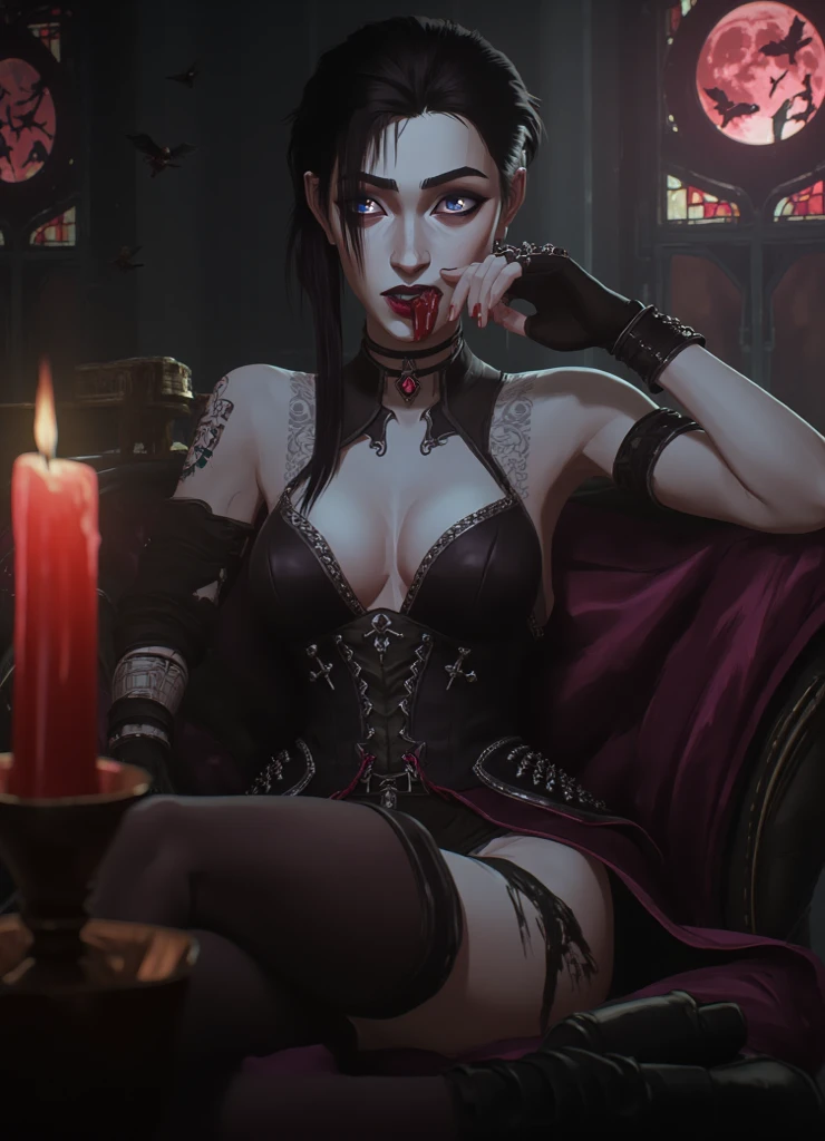 POV, Vampire woman, pale skin, Ass cheeks sex, (ass cheeks sex), Standing, grabbing her ass, Cumming on her back, A stunning vampire woman with pale, flawless skin, sharp fangs, and glowing red eyes. She has long, flowing black hair, black gown, Her expression is both seductive and menacing, with a hint of blood at the corner of her lips. The background is a moonlit gothic castle, with shadows and mist adding to the eerie atmosphere